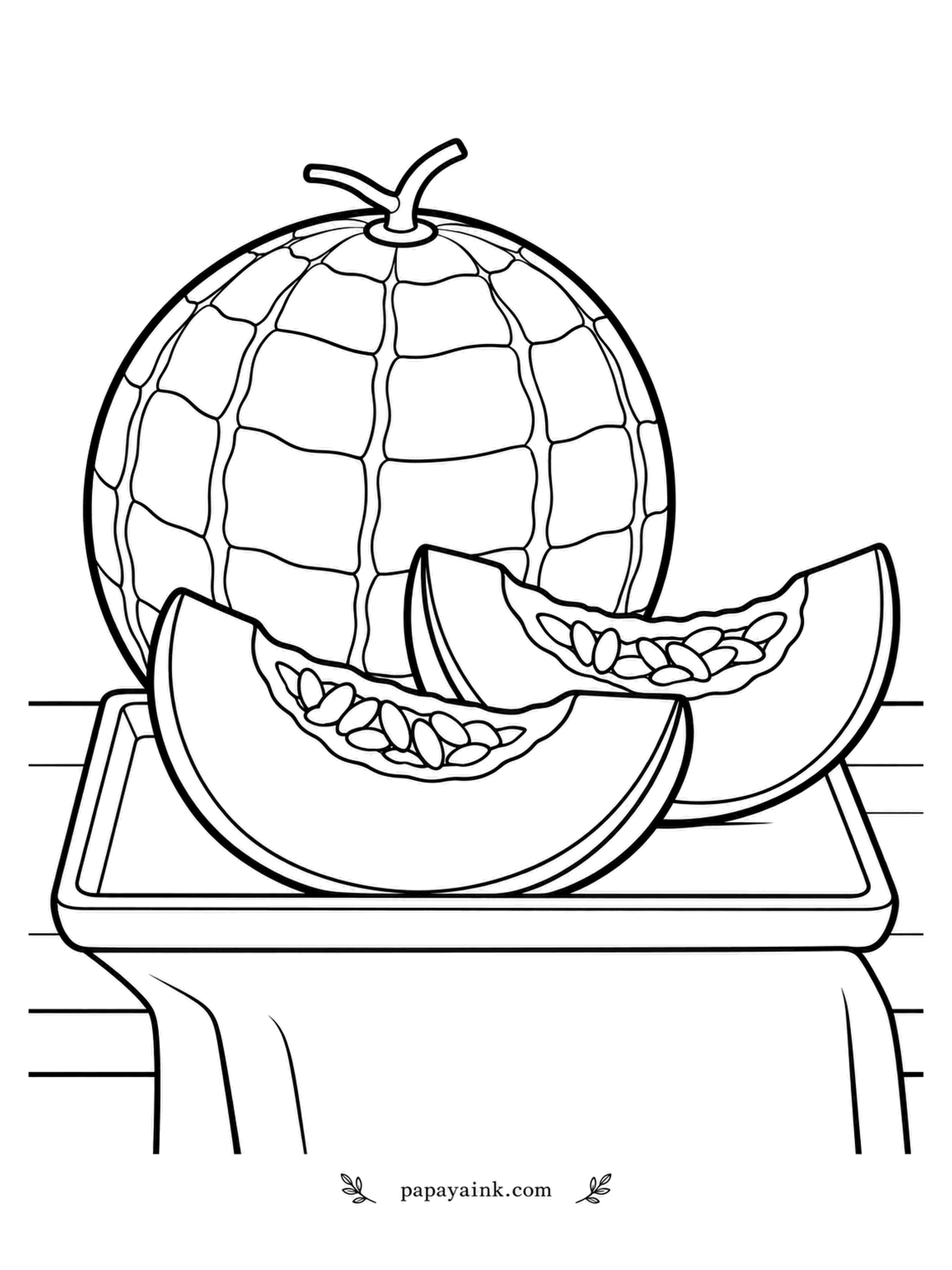 Fruit Coloring Pages - Netted rind on a cantaloupe is a real texture, not a drawn pattern - color the raised net cream and the gaps between it tan. Two wedges sit in front on a tray, seeds still in the hollow. Flesh goes salmon orange. Detailed.