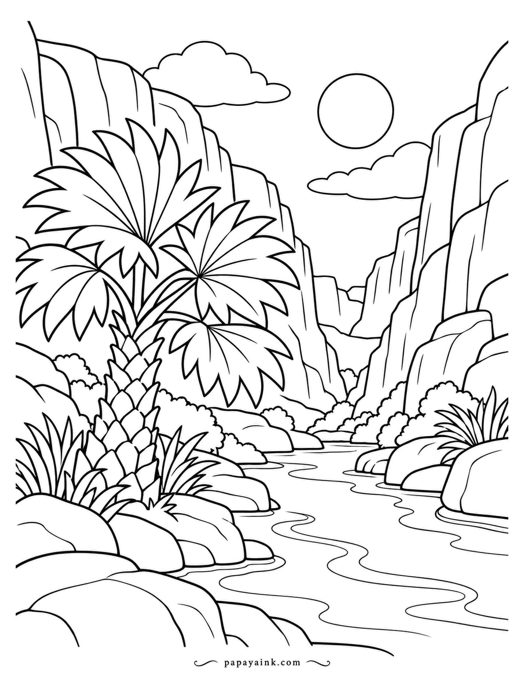 Nature Coloring Pages - Fan palms crowd a slot canyon where a spring runs between the walls, exactly the kind of place a desert keeps secret. Sun overhead, rocks at the bottom. Keep the palm fronds a deep saturated green so they glow against the bleached walls.