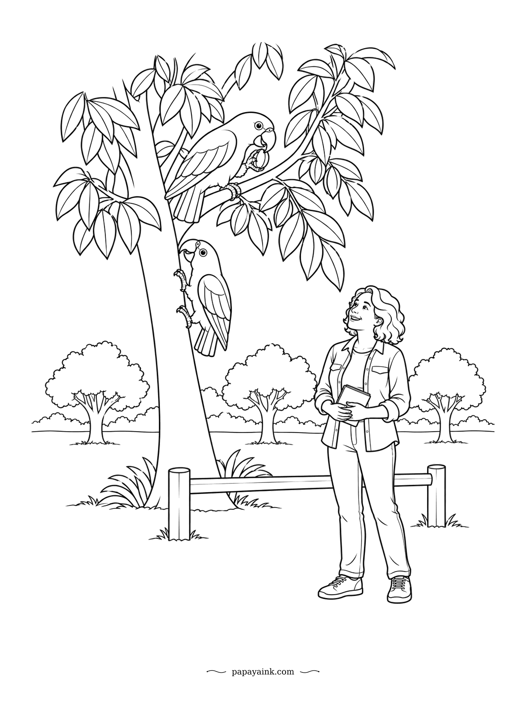 Parrot Coloring Pages - A notebook, a patient birdwatcher and two Cape parrots in the tree above her. One cracks a fruit while the other clings to the trunk. This species is found only in South African forests. Airy park background.