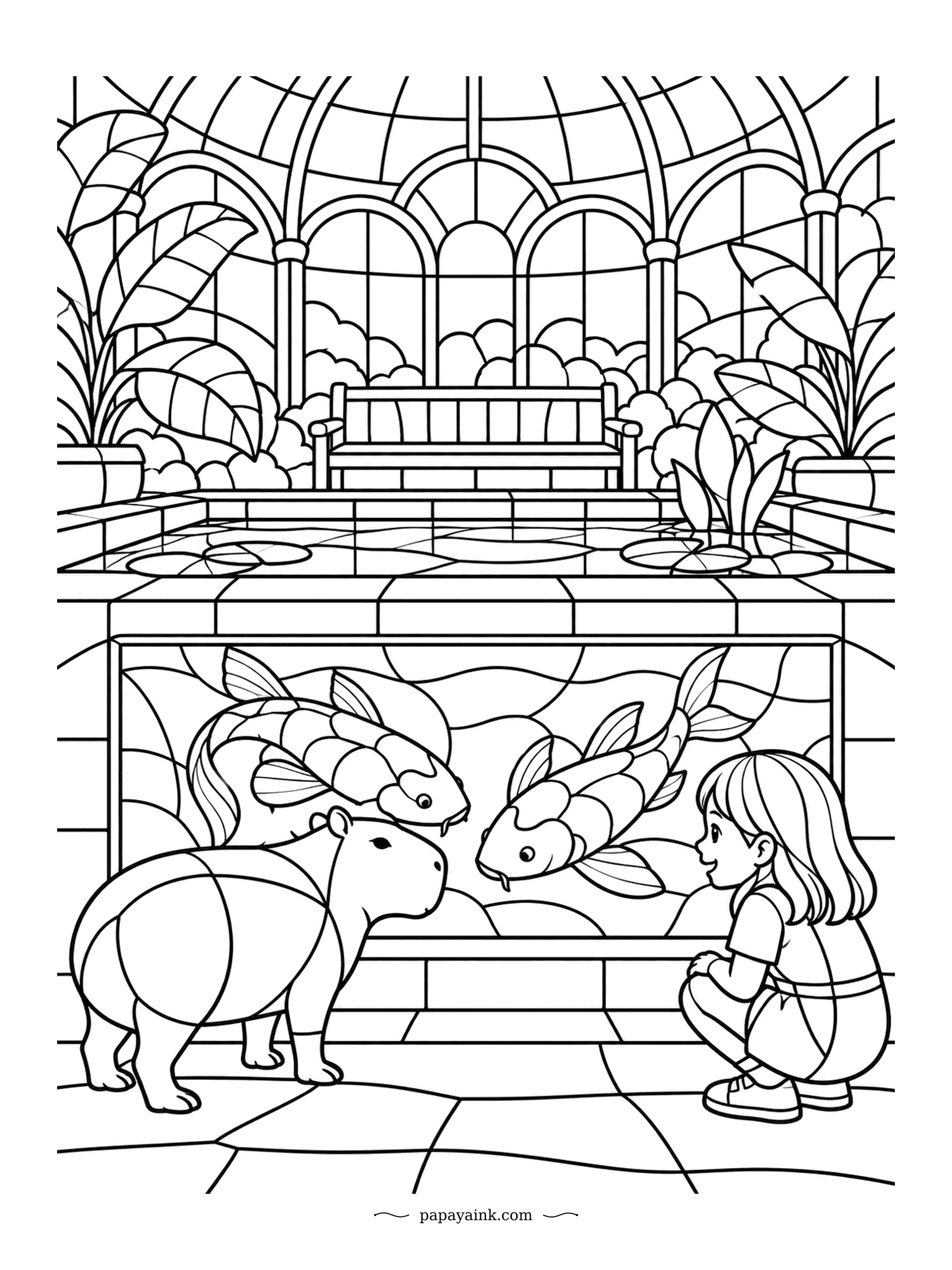 Capybara Coloring Pages - Face to face with a koi, with one pane of glass in between. Under the domed conservatory roof, the capybara and the crouching girl are both losing the staring contest. Stained-glass lines split every shape into little sections.
