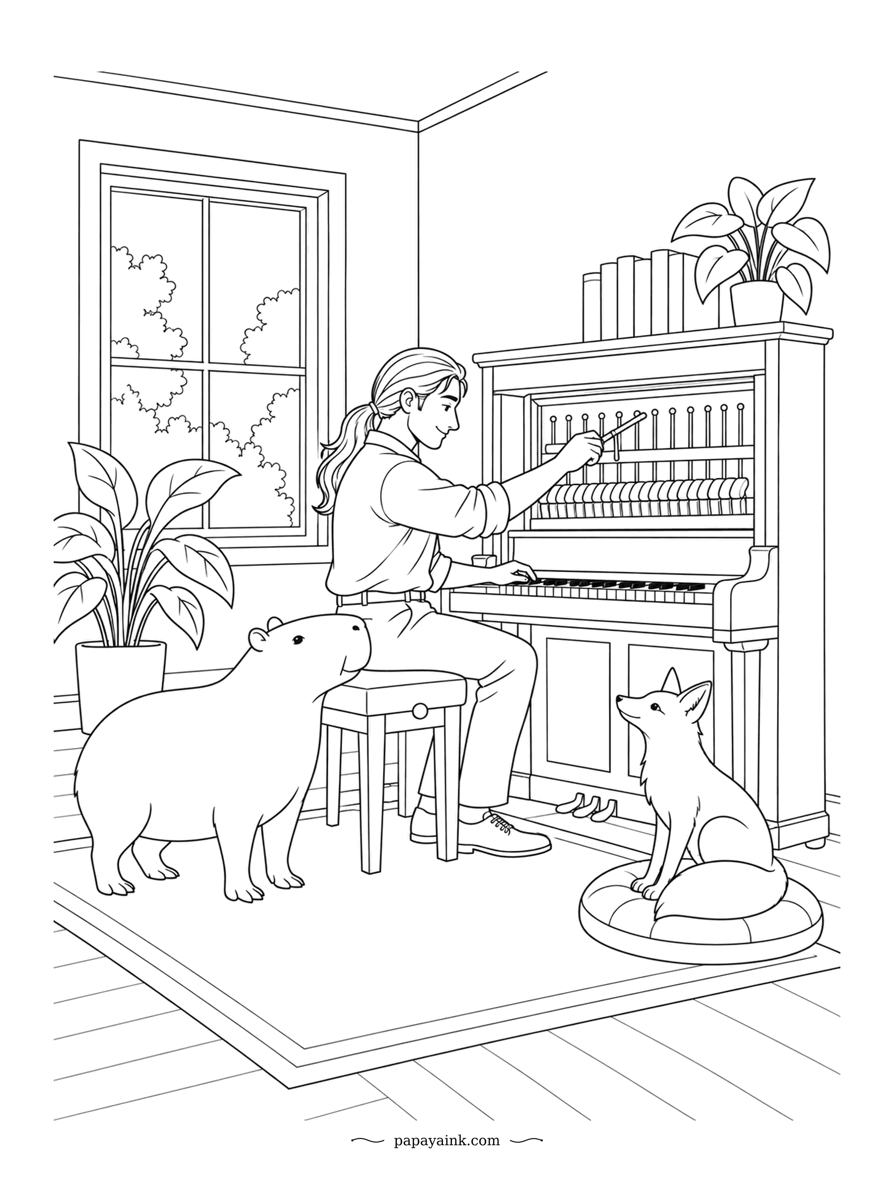 Capybara Coloring Pages - A piano tuner at work, with two critics in the front row. He tests the keys with one hand and adjusts the strings with the other, while a capybara leans in and a fox listens from its cushion. Fine lines throughout.