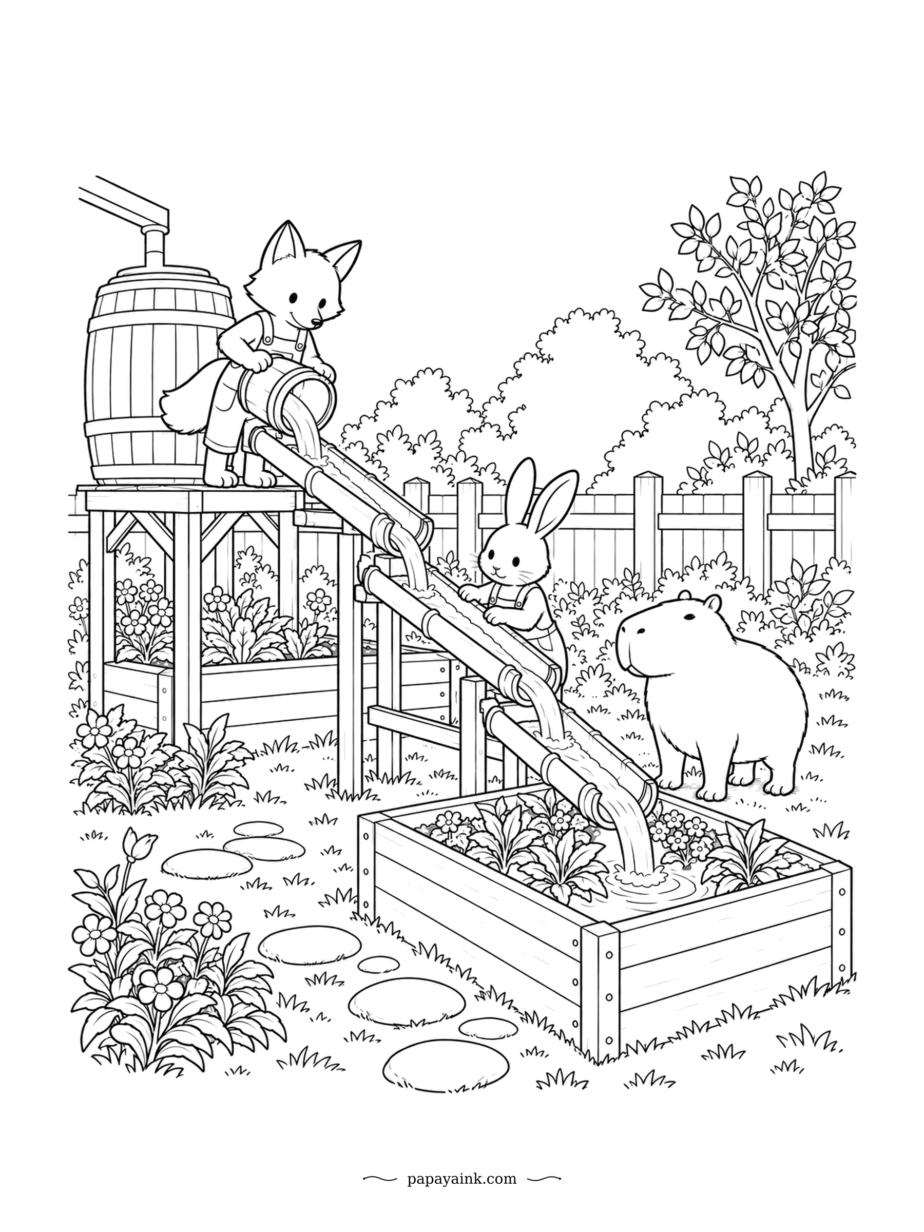 Capybara Coloring Pages - Garden irrigation, engineered by committee. The fox tips a bucket into the wooden chute, the rabbit checks the flow halfway down, and the capybara watches the water land in the raised bed. The flowerbeds reward a sharp pencil.