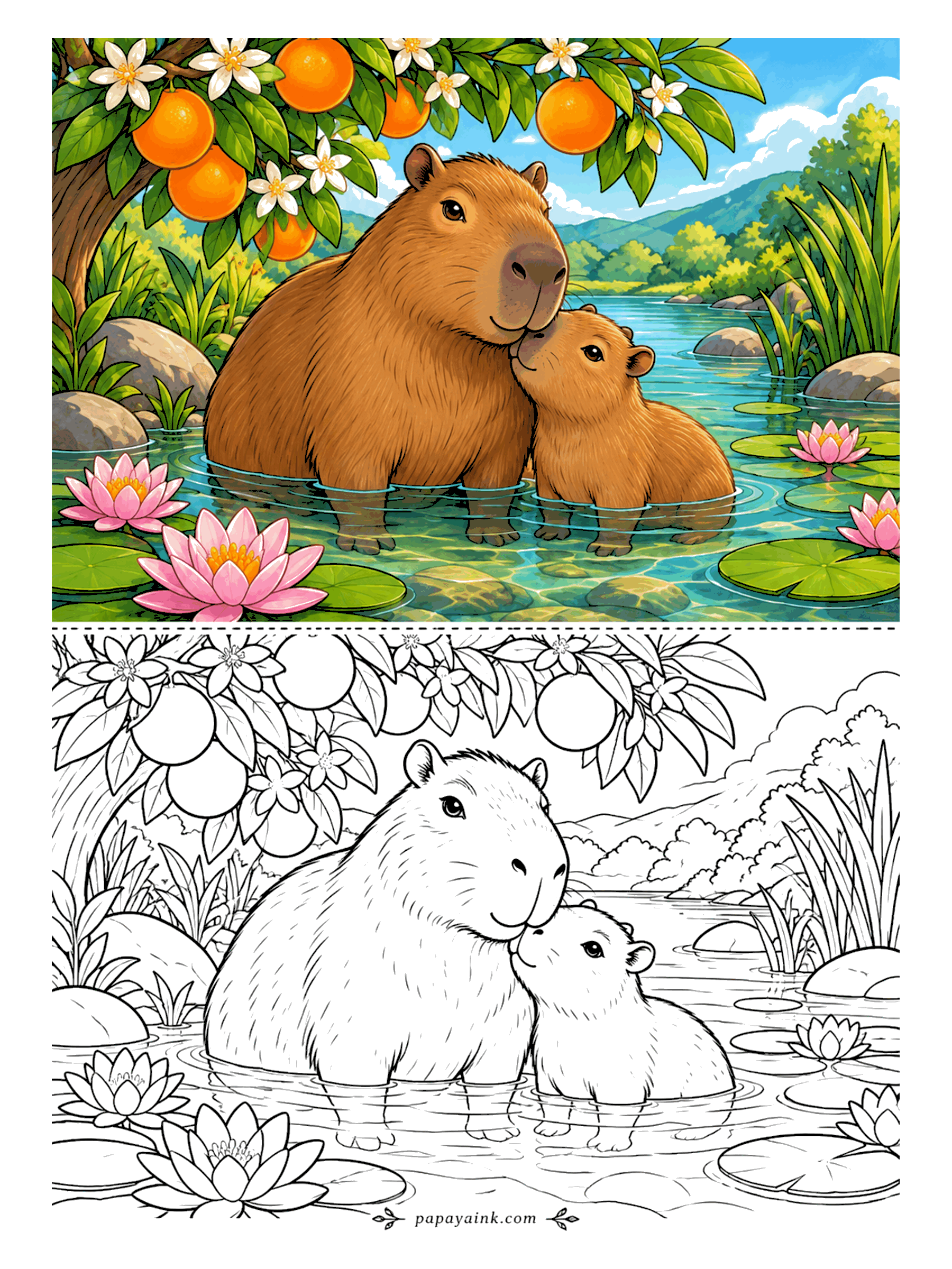 Capybara Coloring Pages - Orange tree overhead, lotus flowers at the waterline, and the capybara and her pup soaking up to their shoulders in the pond. Tawny brown for the fur, oranges in the branches, and the water in soft blue-green.