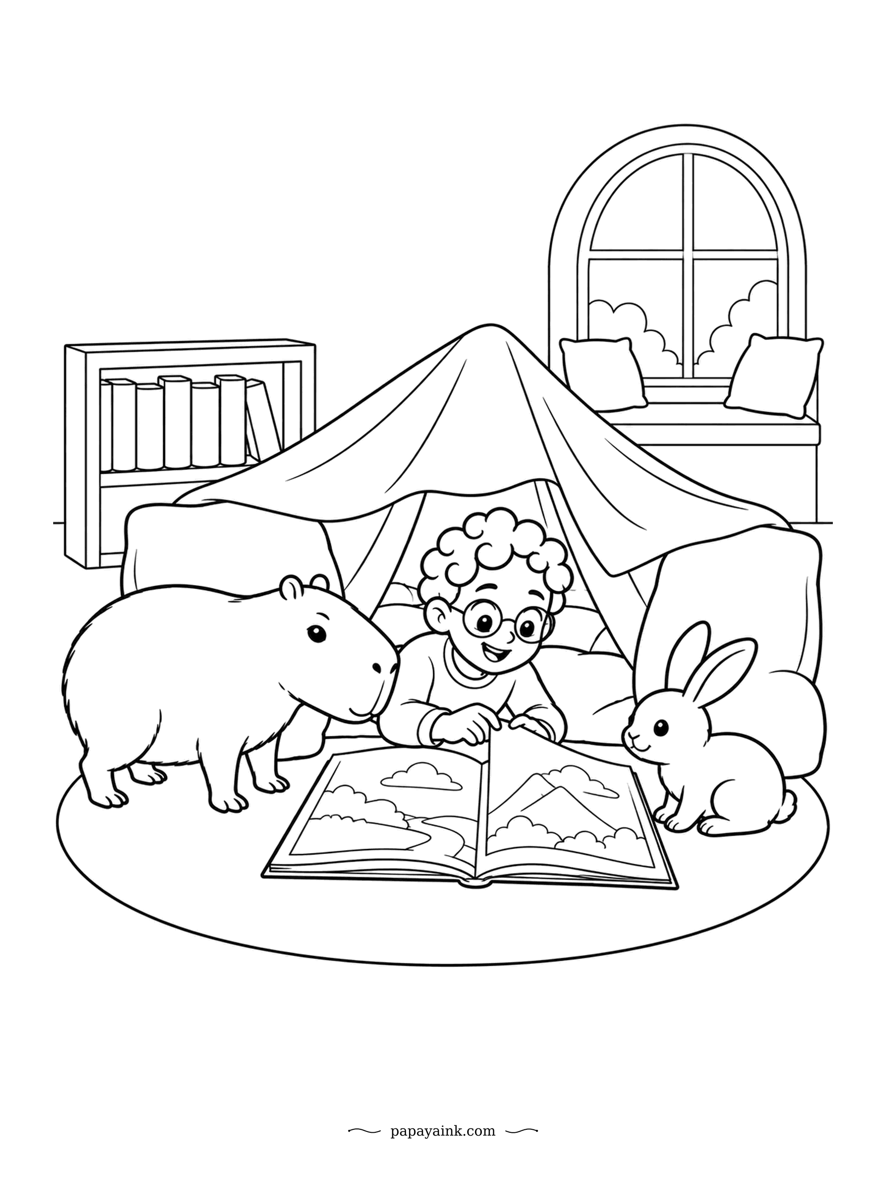 Capybara Coloring Pages - Blanket forts work better with company. A boy in round glasses turns the pages of a picture book on the rug, flanked by a capybara and a rabbit who are both following along. Large simple shapes, quick to finish.