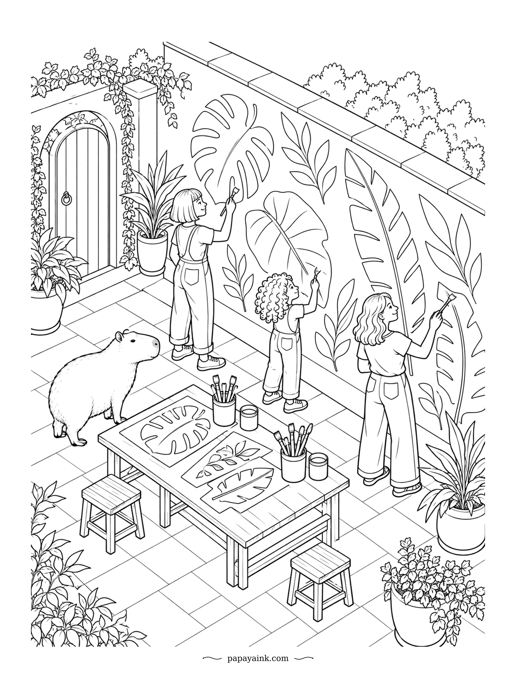 Capybara Coloring Pages - Three painters, one long wall and a jungle of giant leaves taking shape across it. The capybara studies the stencils on the table, possibly planning a contribution. Give the mural leaves strong greens against a pale wall.