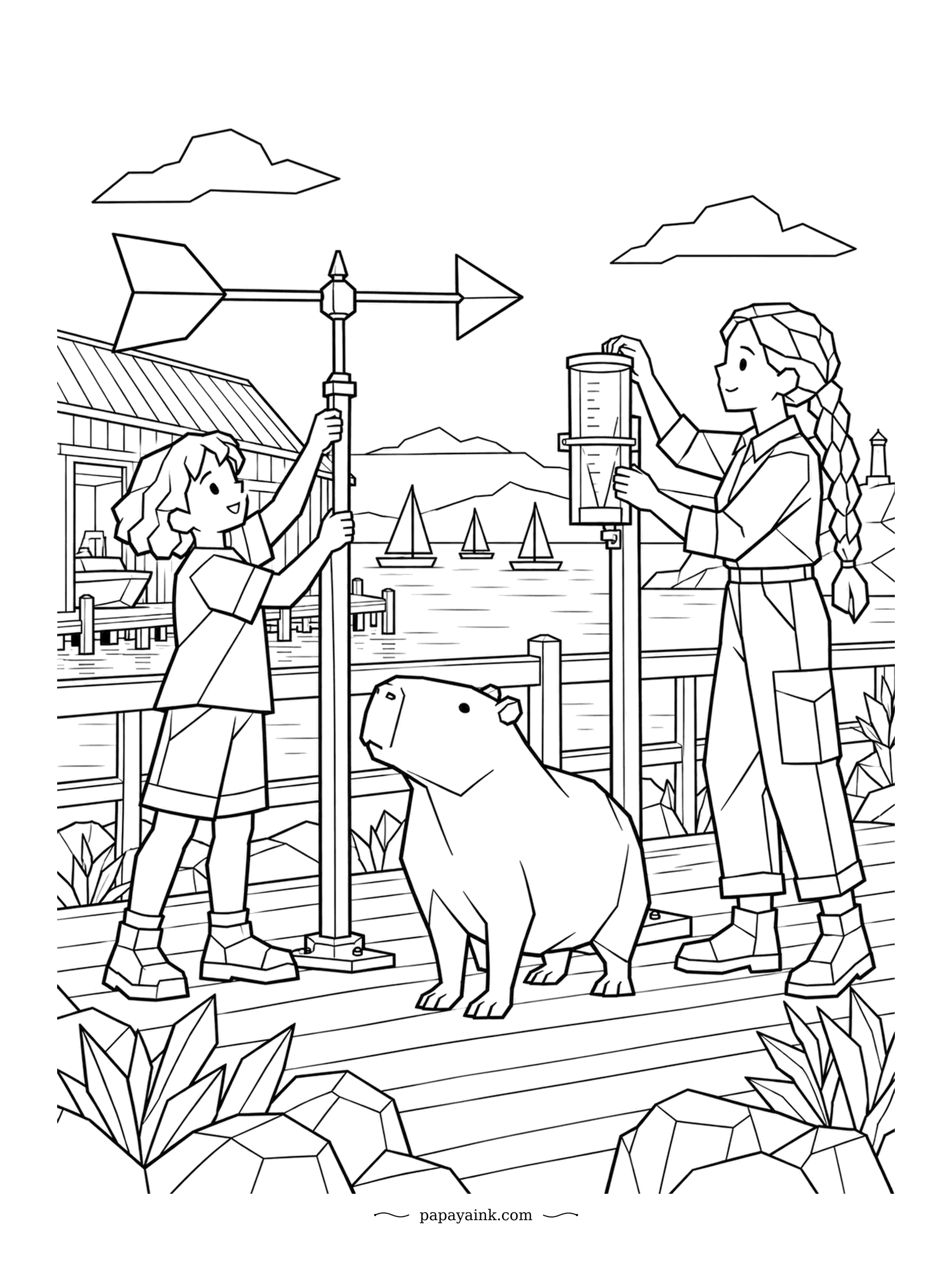 Capybara Coloring Pages - Weather checks at the harbor. One helper steadies the wind vane while another reads the rain gauge, and the capybara stands between them as the official observer. Sailboats in the bay, and every edge is straight, sails included.