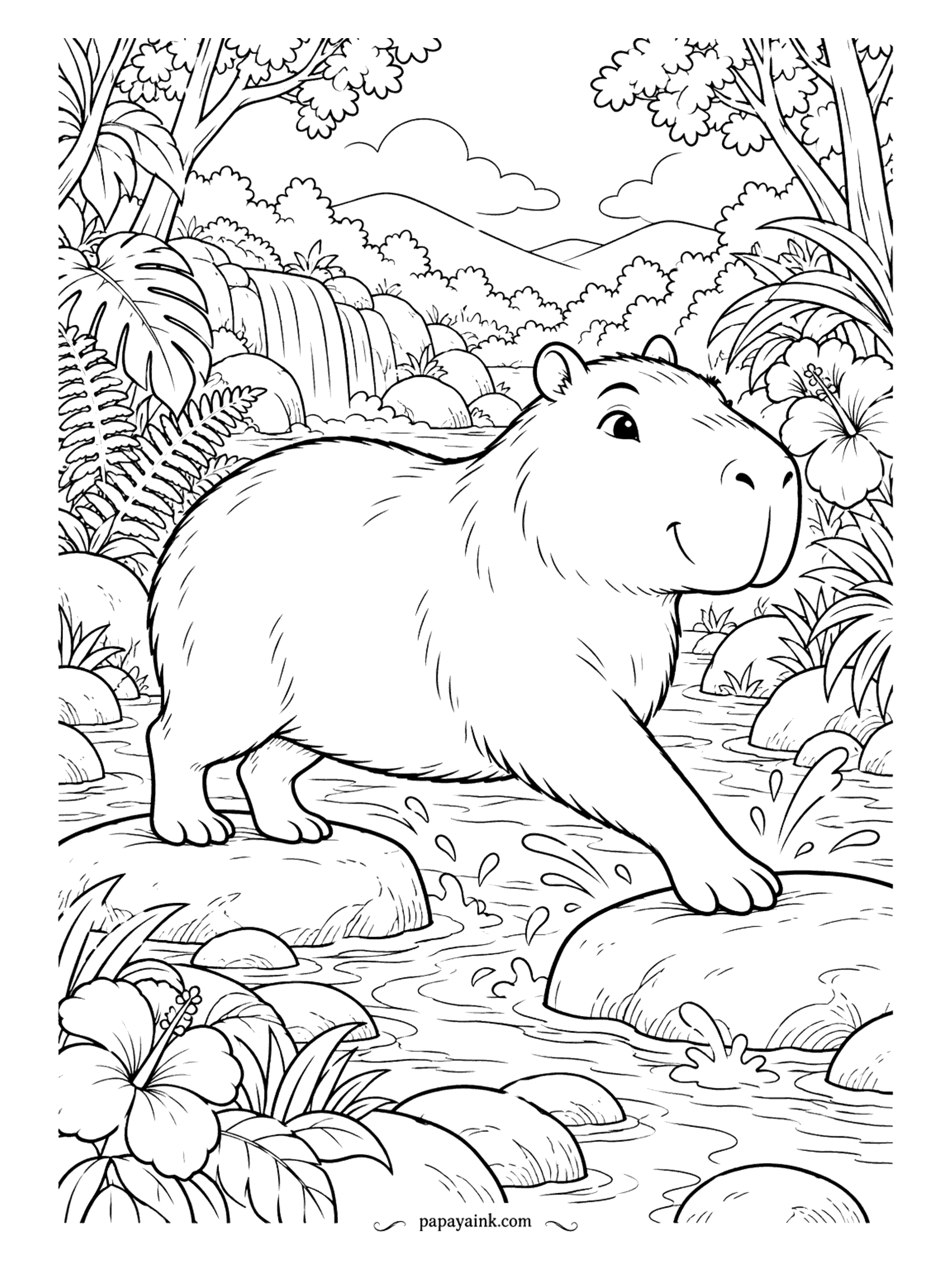 Capybara Coloring Pages - One paw in the water, one on the rock - the capybara is crossing the river stone by stone, a waterfall in the distance. Its partly webbed toes are made for this - capybaras are excellent swimmers.
