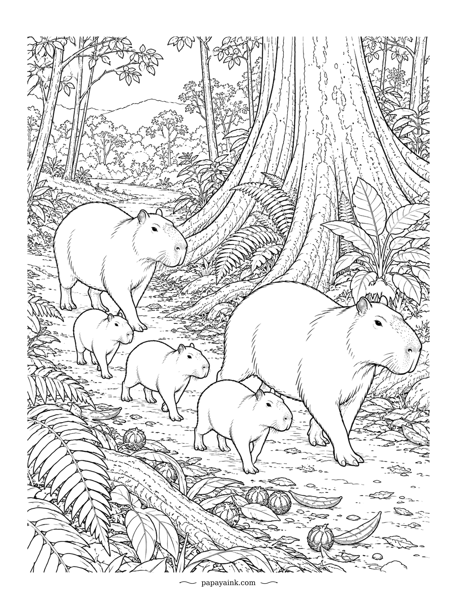 Capybara Coloring Pages - Two adult capybaras lead three pups along a rainforest trail, past a giant tree with roots like walls. Capybaras live in family groups, often ten or more strong, and the whole group watches over the young. Realistic and richly detailed.