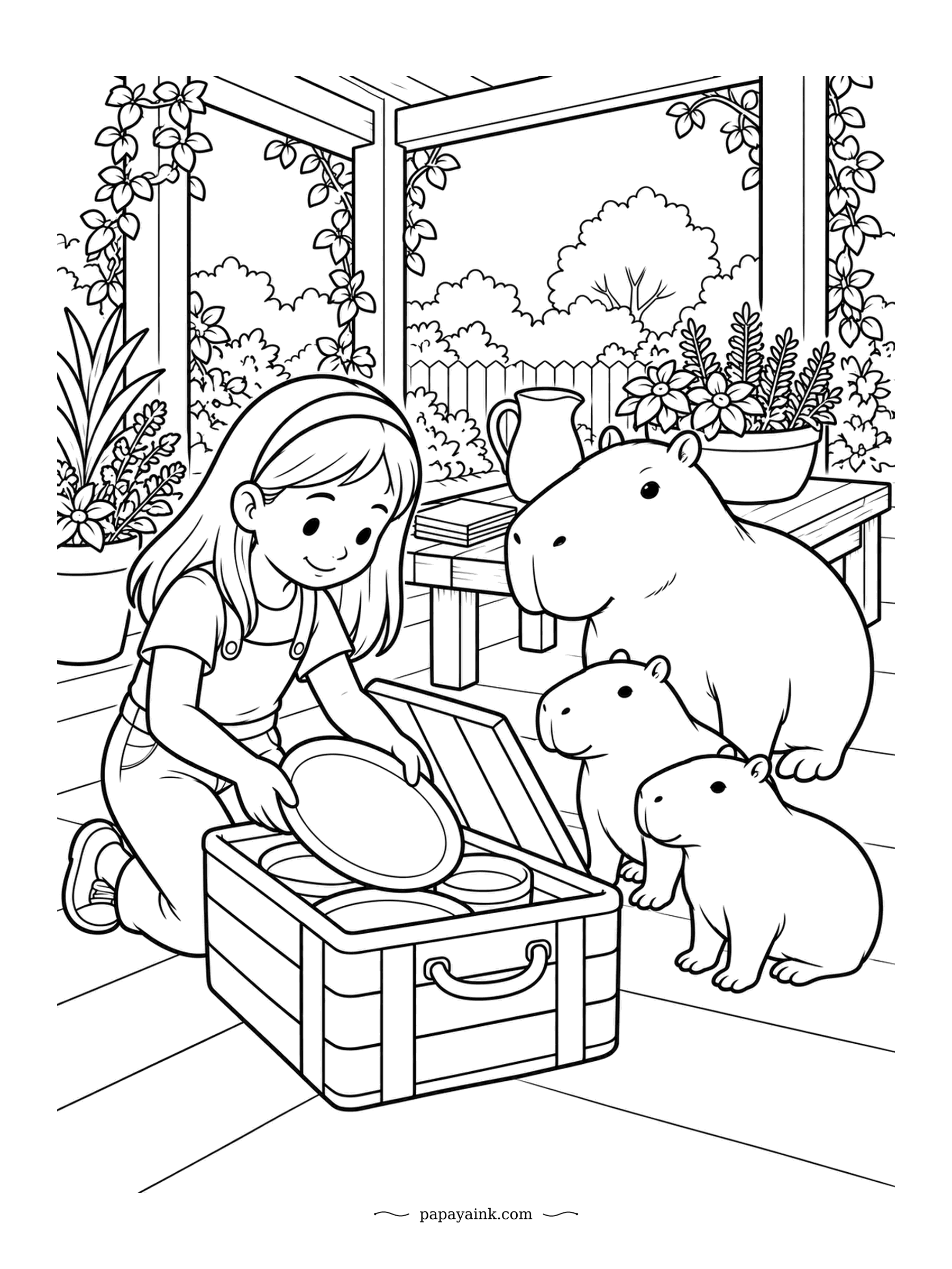 Capybara Coloring Pages - Picnic packing, capybara style: a child loads plates into the hamper while a whole family of capybaras checks that nothing edible is left behind. Vines frame the porch. Wide floorboards leave room for soft colors.