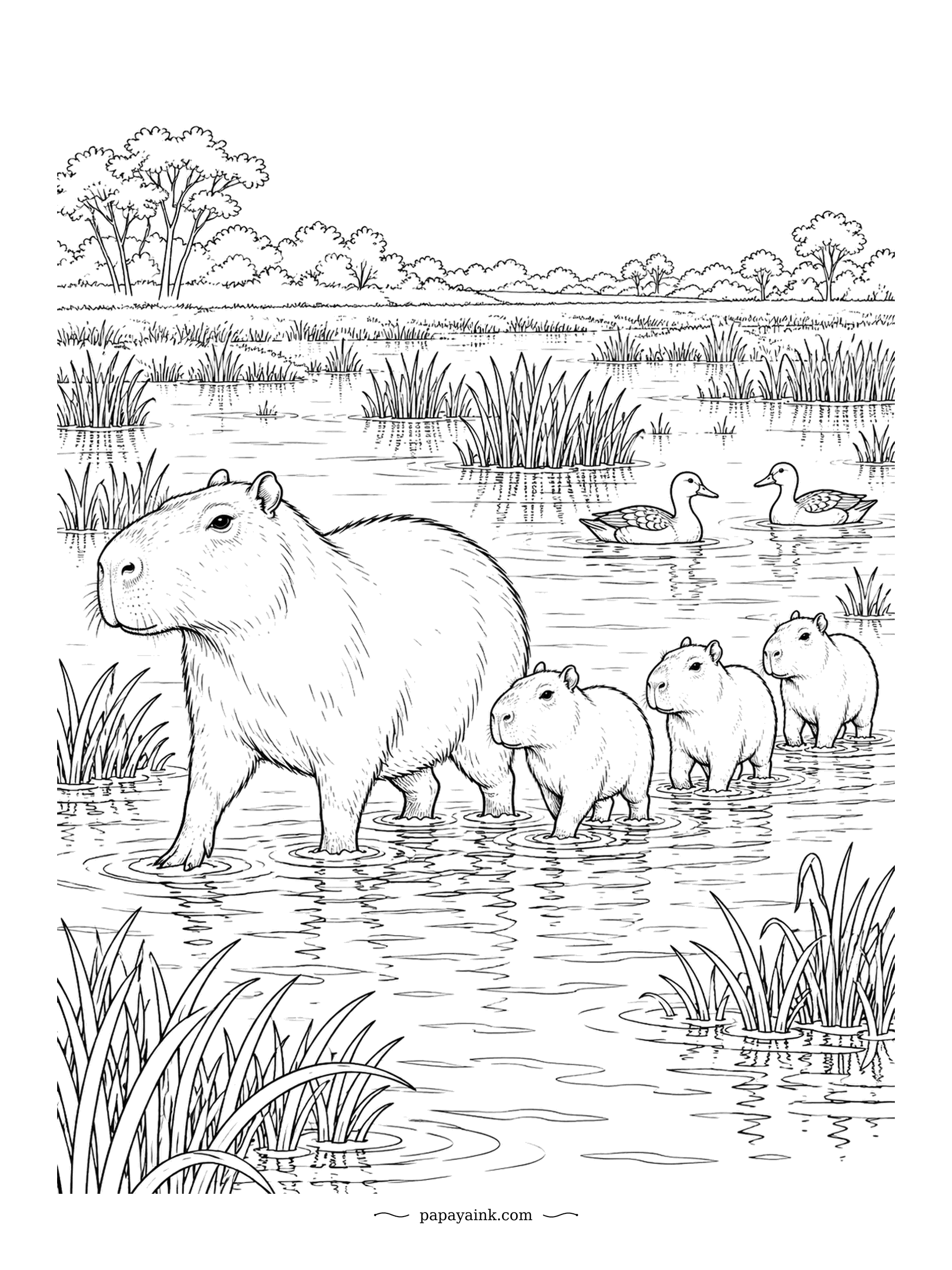 Capybara Coloring Pages - Capybaras are semi-aquatic, with partly webbed toes, so a flooded meadow is just a shortcut. A parent leads three pups through the reeds while two ducks paddle the other way. Fine line work in the water and grasses.