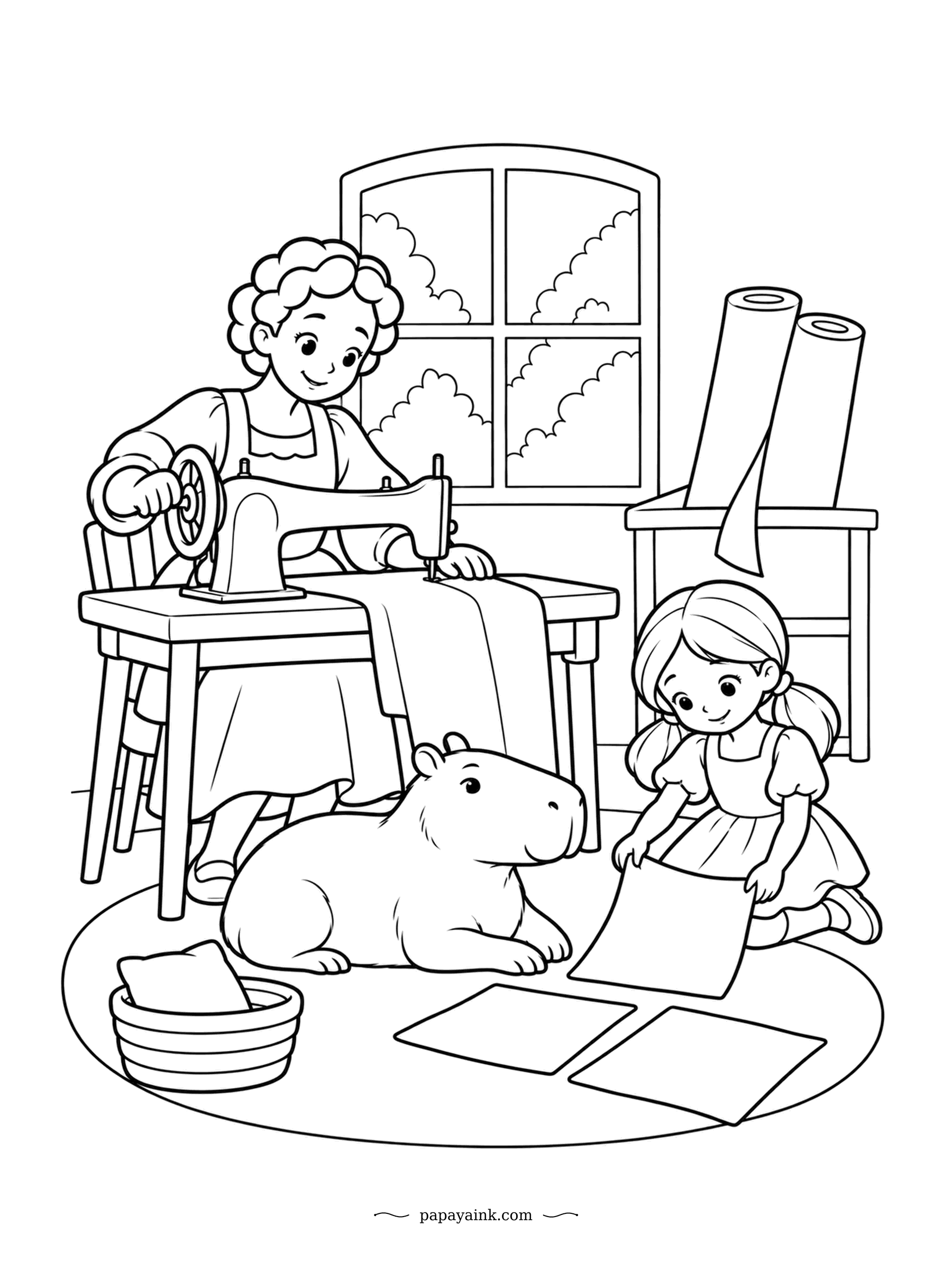 Capybara Coloring Pages - A seamstress works the old hand-crank machine at the window while a girl lays paper pattern pieces out on the rug. The capybara has settled in the middle of the layout, which is not helping. An easy one to finish in an evening.