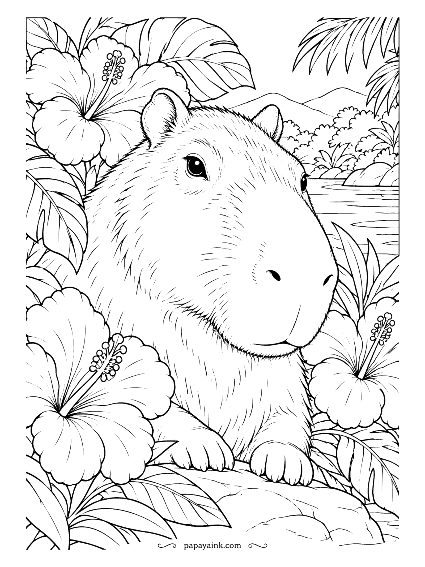 Capybara Coloring Pages - Close-up portrait of a capybara peeking out between hibiscus blossoms, the river shining behind. The big head leaves plenty of room to practice soft fur shading around the eyes and the square snout.
