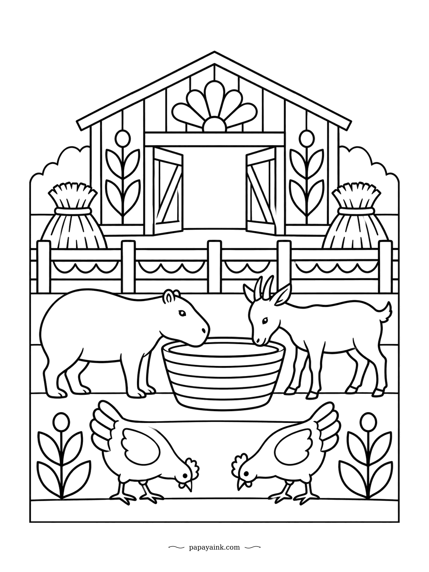 Capybara Coloring Pages - Farmyard lunch, shared. A capybara pup and a goat kid eat from the same basket without a single argument, while two hens peck in the yard below. Folk-art barn and sheaves in bold, clean blocks.