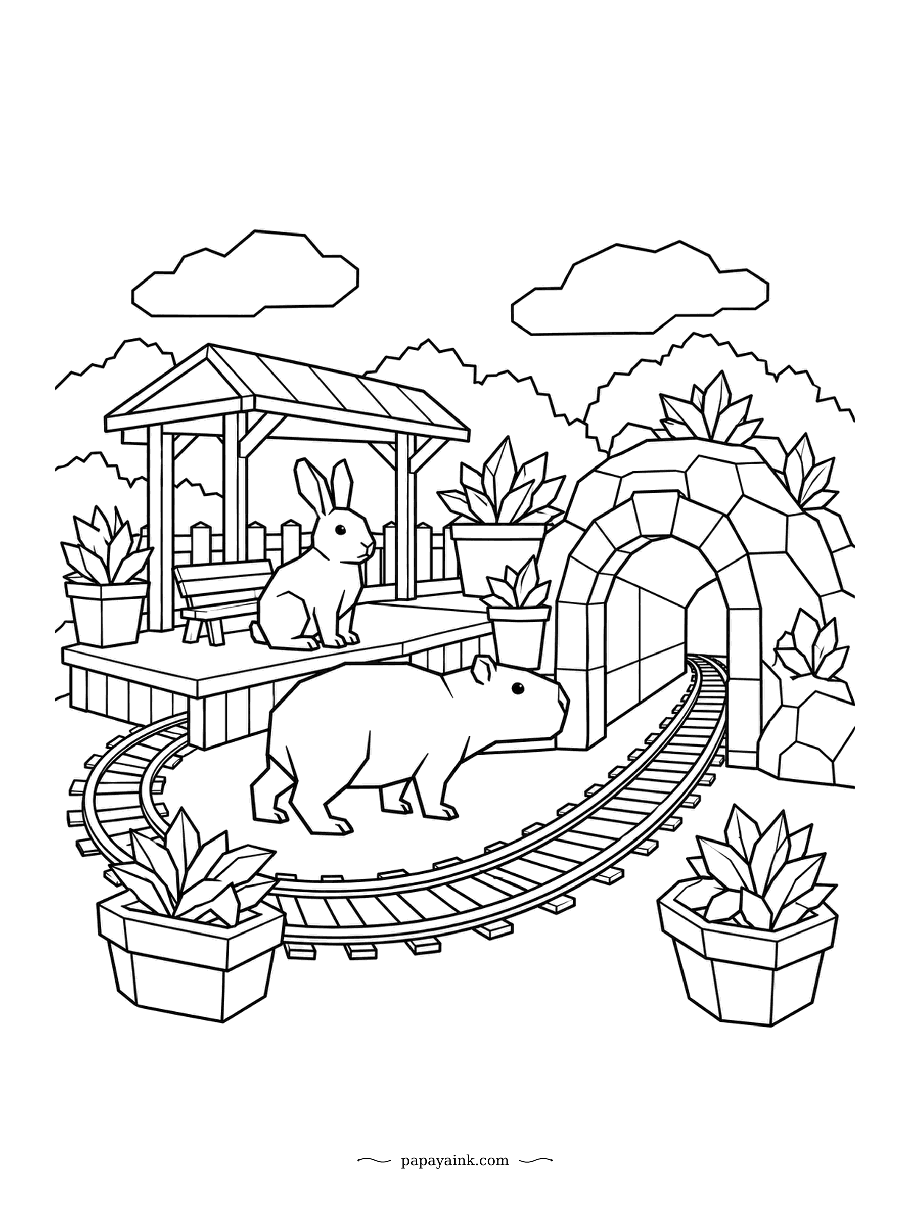 Capybara Coloring Pages - Faceted, low-poly lines turn this garden railway into something like a paper model. The capybara follows the track toward the stone tunnel, while the rabbit waits on the platform for a train that may take a while. Straight edges suit markers well.