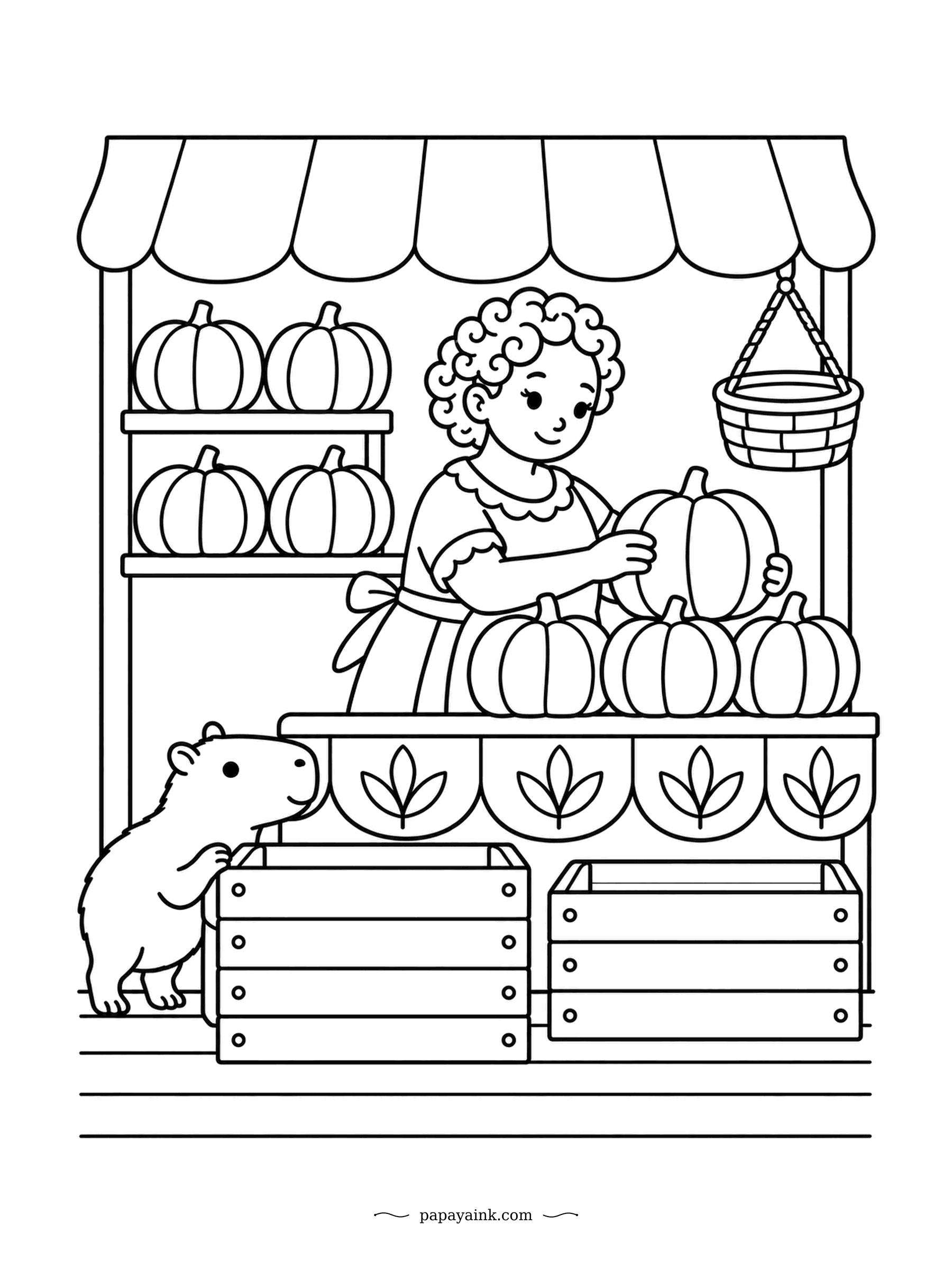 Capybara Coloring Pages - Pumpkin season at the market stall. The young stallholder lifts the best one onto the counter, not yet aware that a small capybara is peeking over the empty crates below. Clean, chunky outlines - try orange in every shade you own.