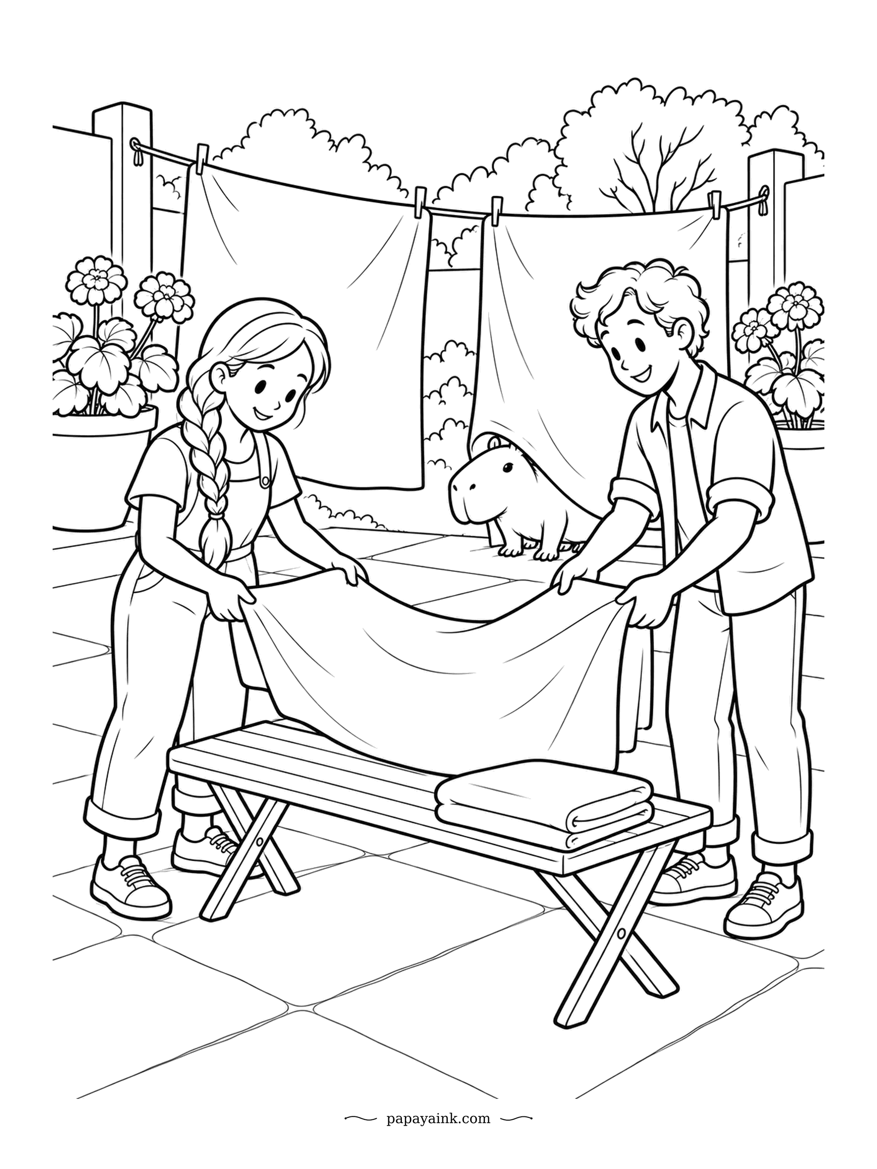 Capybara Coloring Pages - Laundry day in the courtyard. Two people fold a sheet over the bench while a young capybara noses out from under the drying line, looking for the sunniest square of paving. Plain cloth shapes are ready for patterns of your own.