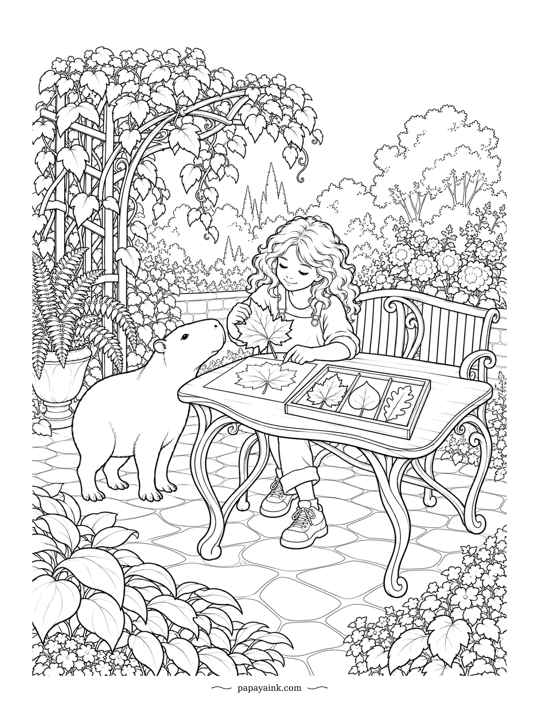 Capybara Coloring Pages - Leaf collecting turns into a science lesson. The girl holds a maple leaf up to the sorting tray, and the capybara leans in to compare. Detailed - garden arch, ferns and cobblestones.