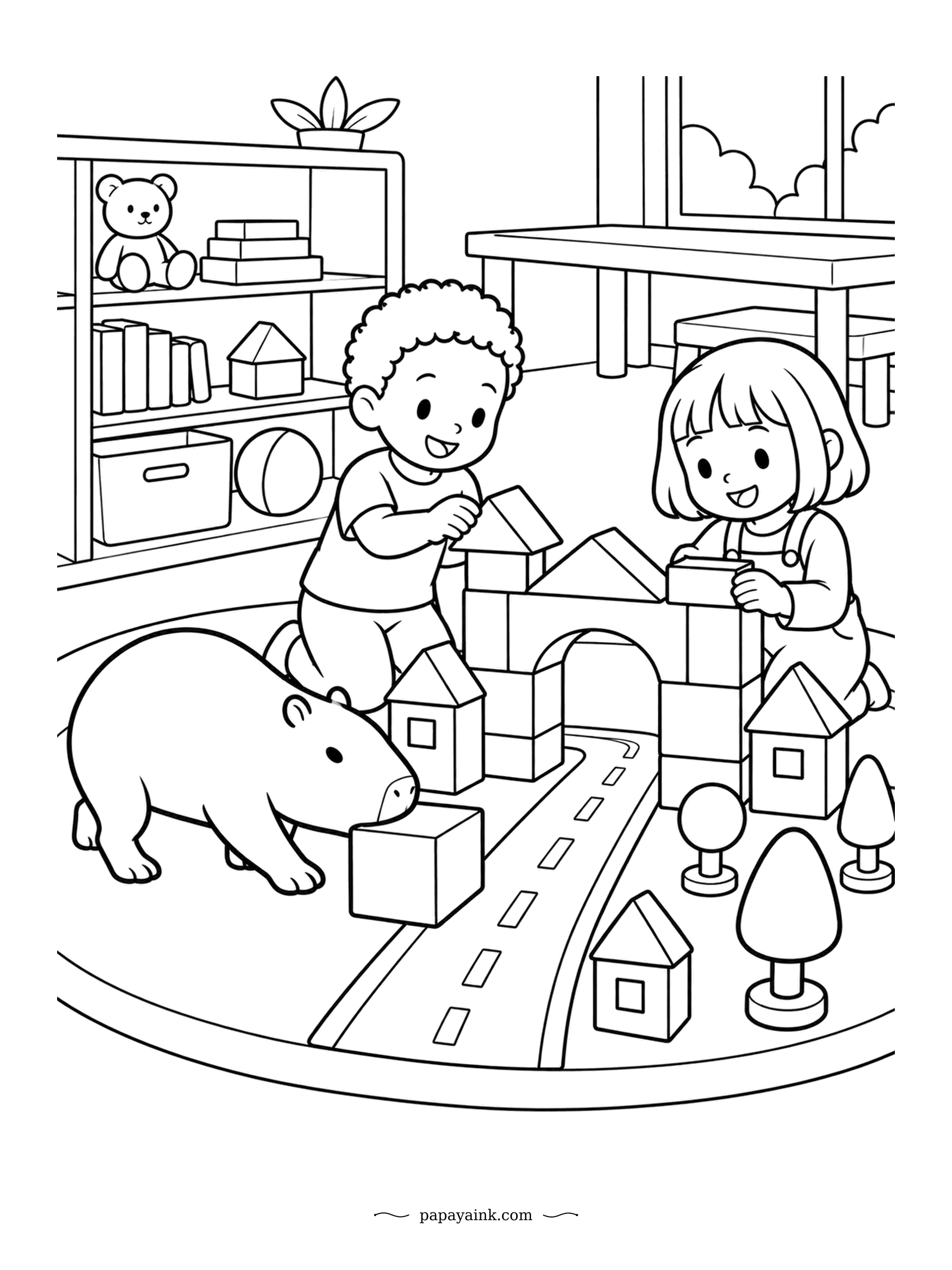 Capybara Coloring Pages - City planning on the playroom rug. Two kids raise towers and arches out of wooden blocks, and the capybara pup pushes one more block into place along the road. Big open areas, done in no time.