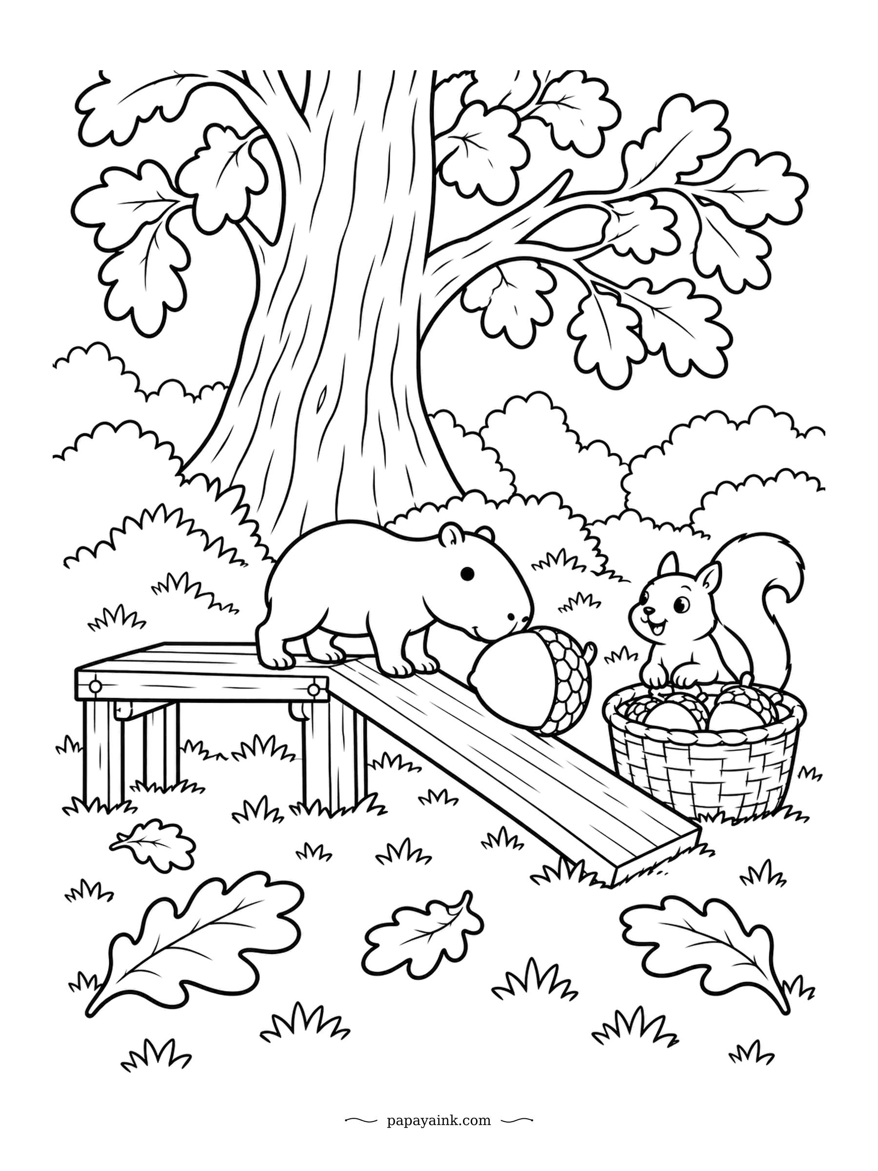 Capybara Coloring Pages - Somebody built a ramp, and somebody is very proud of it. Under an old oak, the capybara rolls an acorn the size of its own head toward the squirrel and its basket. Oak leaves and tufts of grass - a relaxed page for any age.