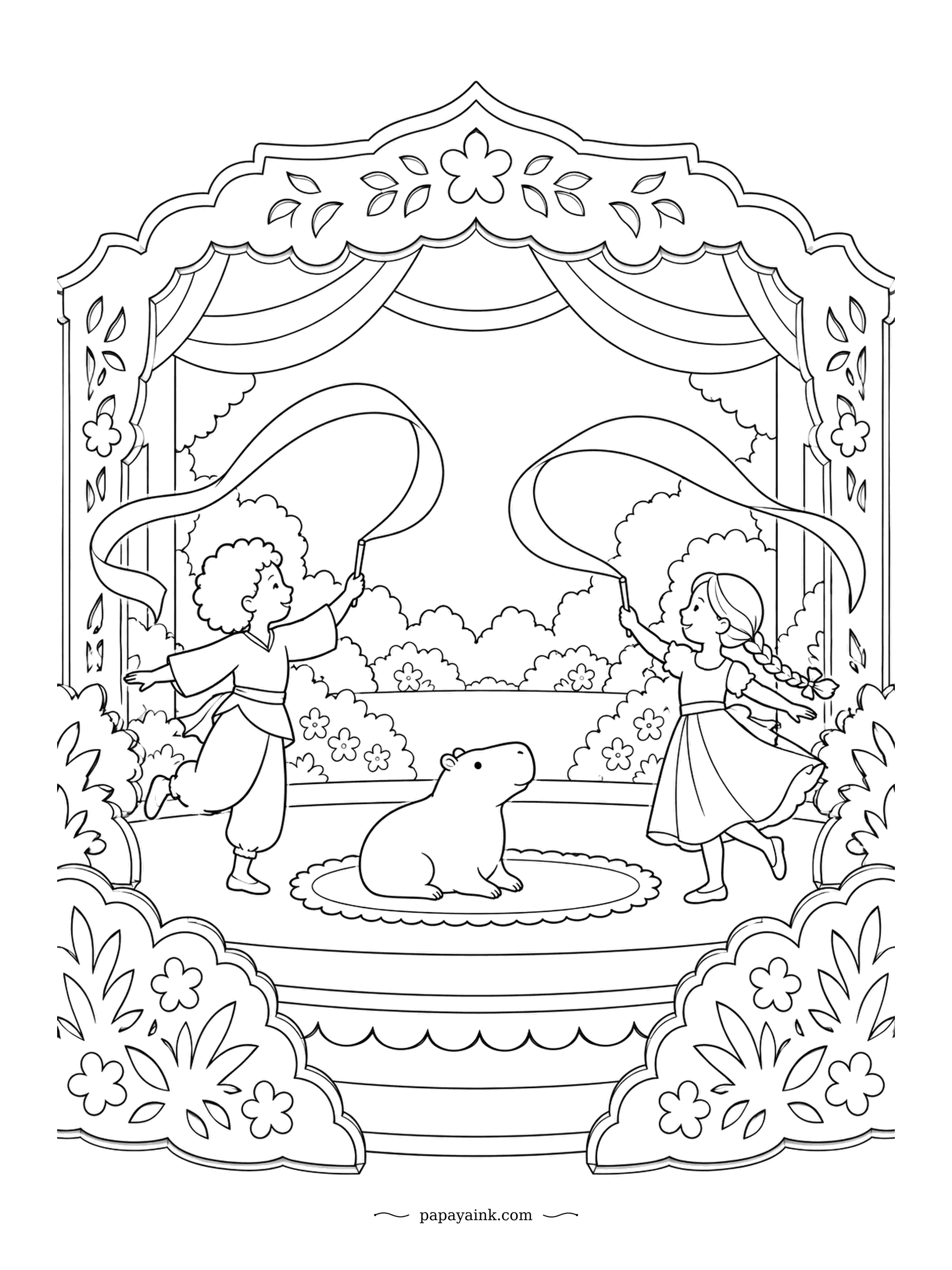 Capybara Coloring Pages - Garden stage, ribbon dance. Two dancers swirl long ribbons through the air, and the capybara pup sits dead center on the rug as if the show were in its honor. Color the ribbons in two contrasting shades and the swirl comes alive.