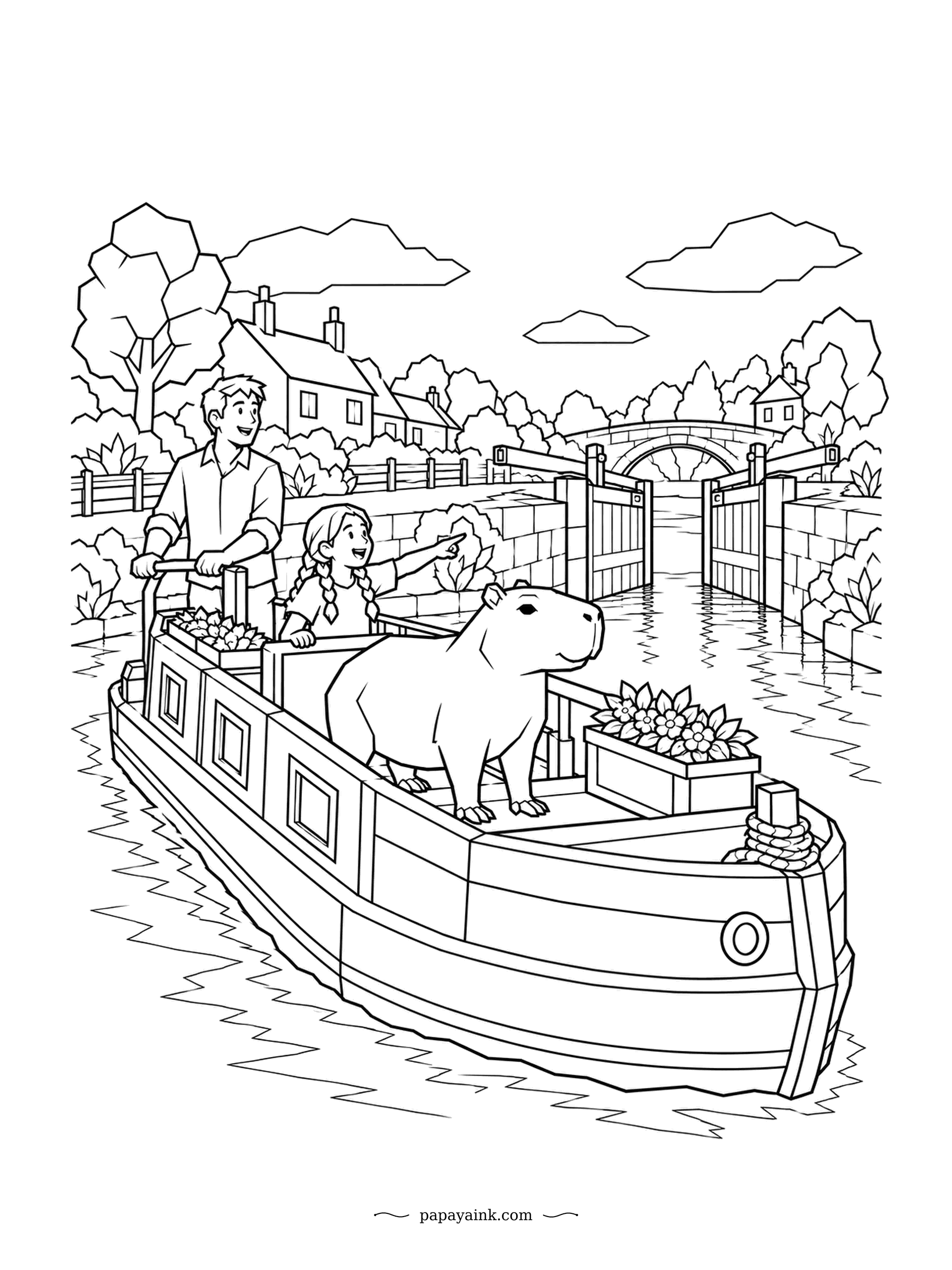 Capybara Coloring Pages - Through the lock and onward. A family steers a narrowboat down the canal, the girl pointing at the gates ahead, while the capybara rides on deck as if it owns the boat. Brick walls, cottages and an arched bridge reward careful coloring.