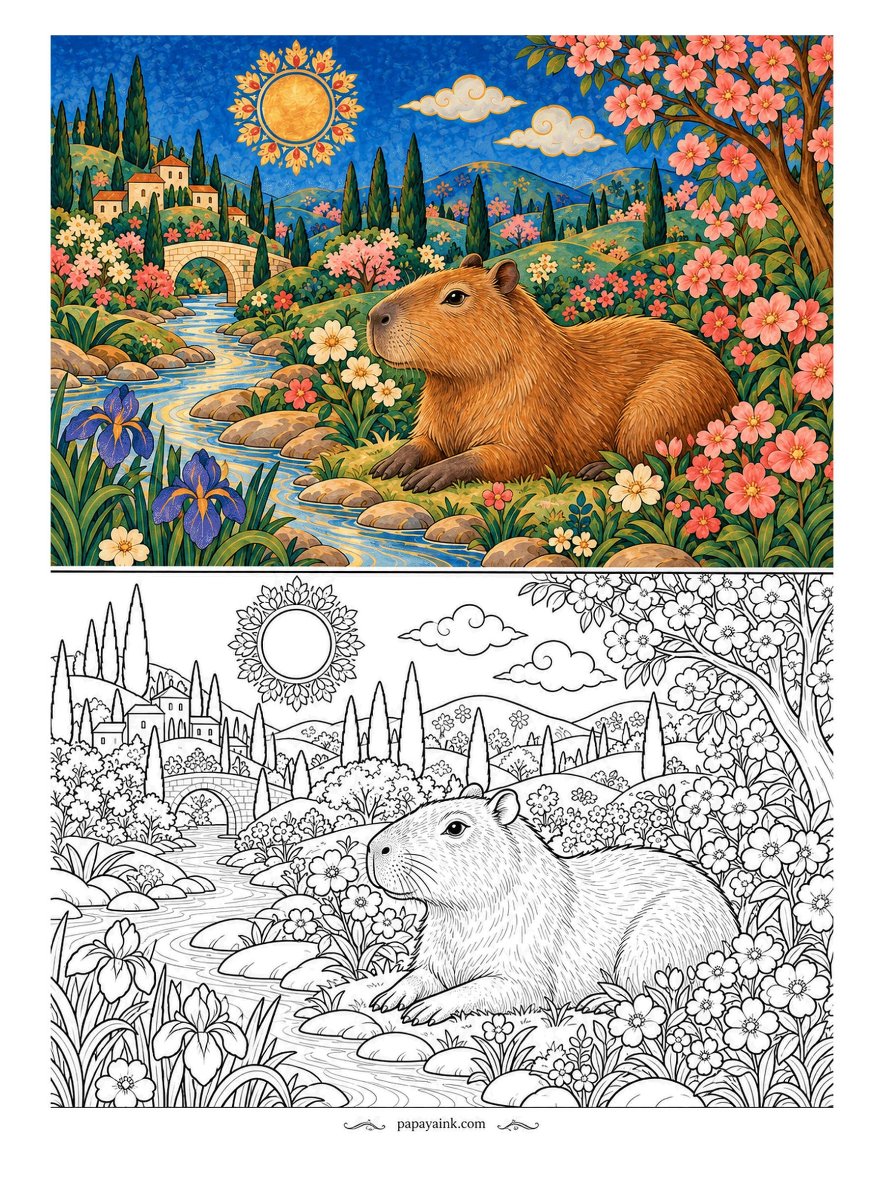 Capybara Coloring Pages - Capybaras are known for staying calm around everyone, and this one proves it by lying in a bed of wildflowers beside a stone bridge as if the grounds were planted for him. Chestnut fur, a quiet brook, cypress hills behind. Detailed.