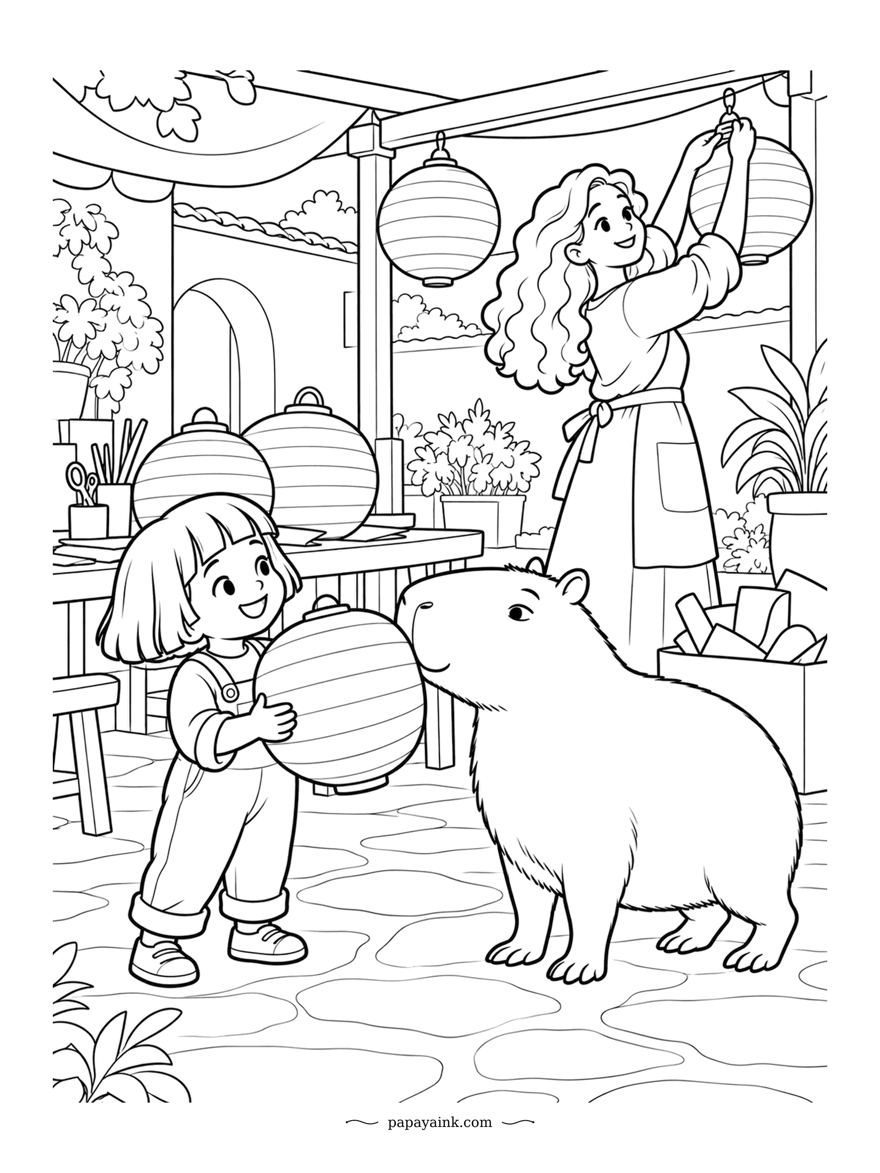 Capybara Coloring Pages - Lantern night is almost ready. A woman hangs paper lanterns from the pergola, a little girl hugs one bigger than her head, and the capybara stands in the middle of it all, getting in the way. Stripe the lanterns in alternating colors.