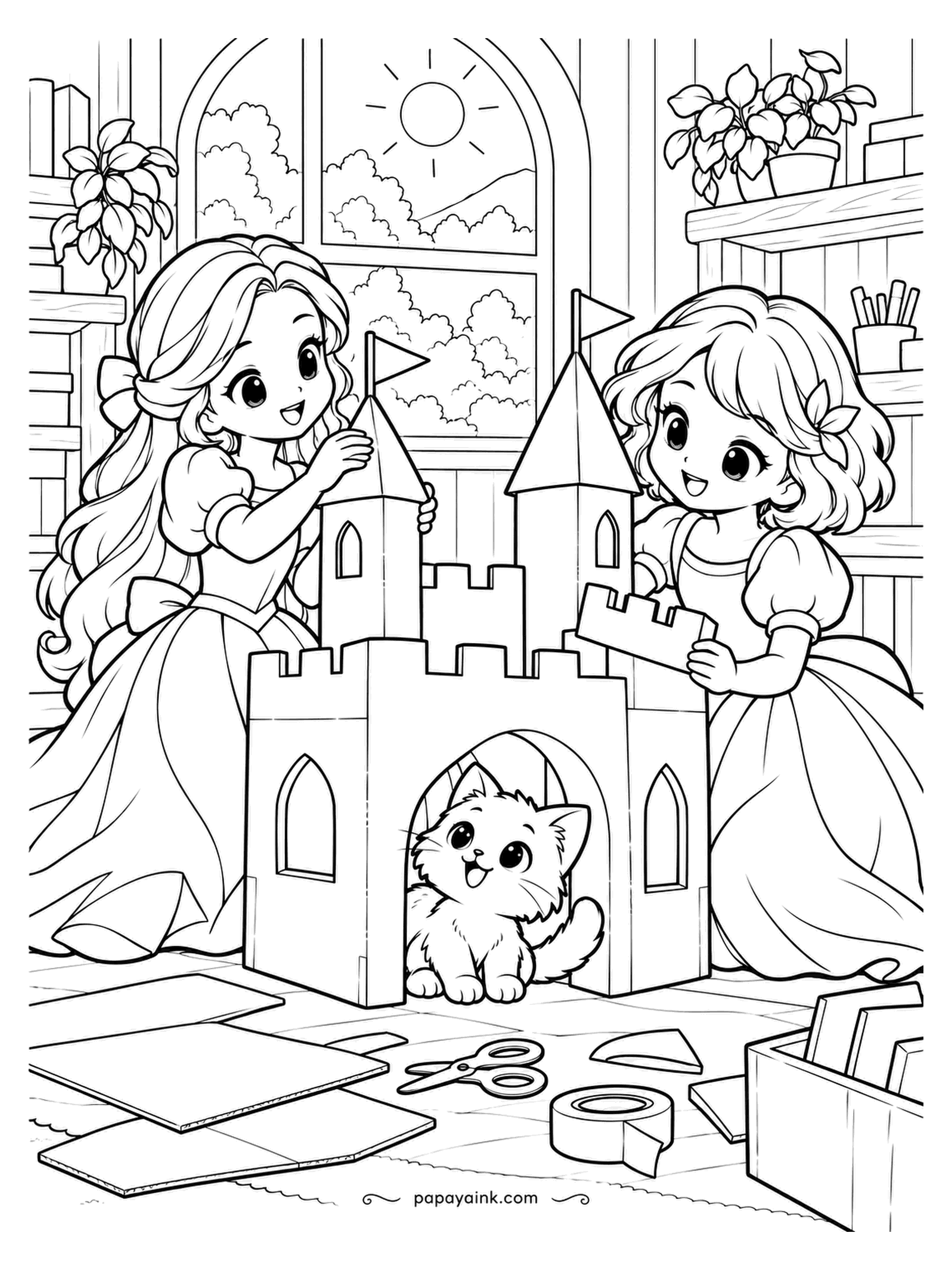 Kawaii Princess Coloring Pages - Cardboard, scissors, tape and a pair of towers with flags: the kitten's new castle is almost done. One princess fits the last tower while her friend steadies a wall, and the tenant has moved into the gatehouse. Plain cardboard means any color you like.