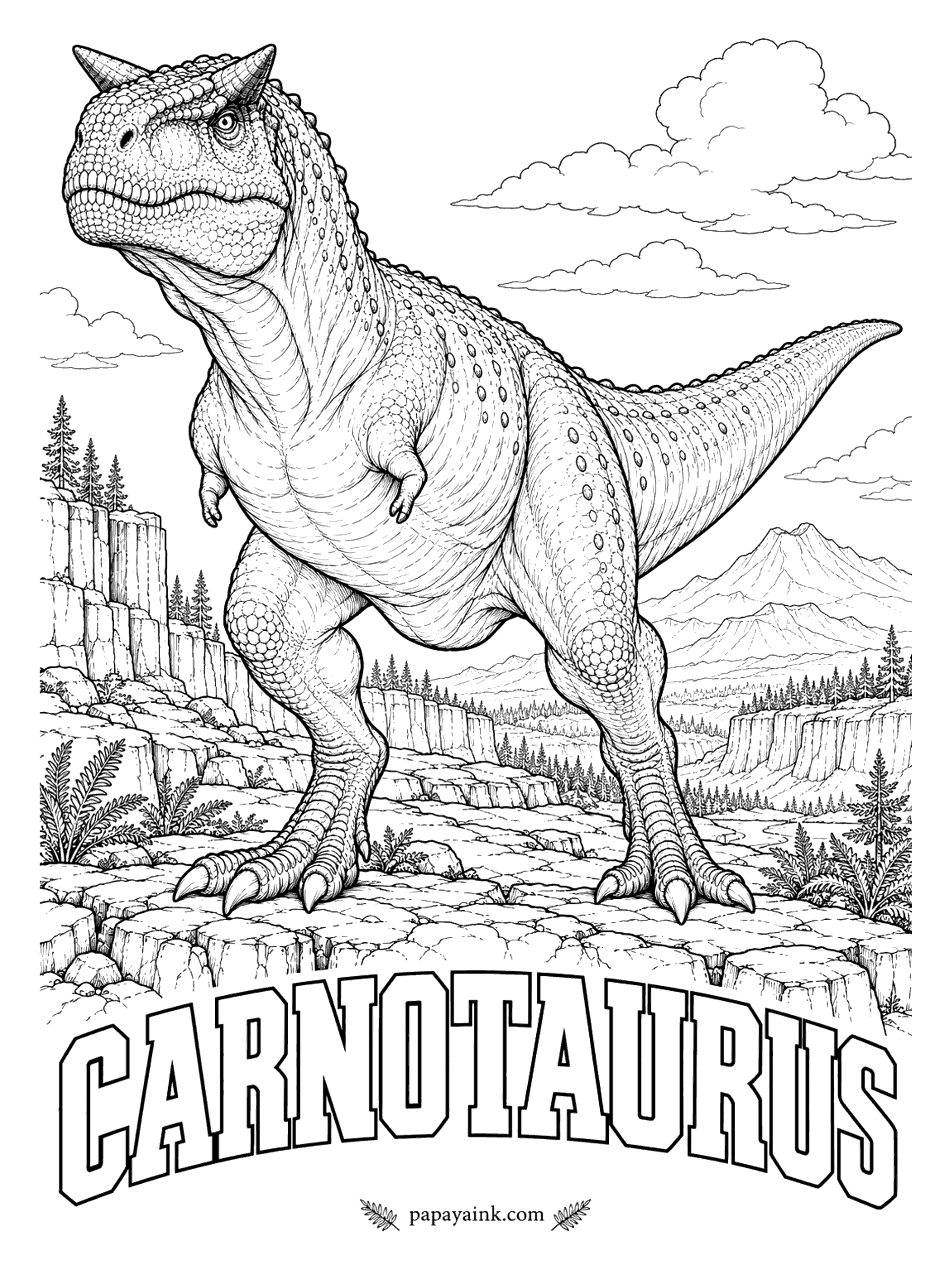 Free Printable Dinosaur Coloring Pages - Two thick horns over the eyes gave this one its name: the meat-eating bull. Carnotaurus (KAR-no-TORE-us) was about 25 feet long, built for speed, and had arms so short they make a T. rex look long-armed. Argentina, about 70 million years ago, near the end of the dinosaur era.