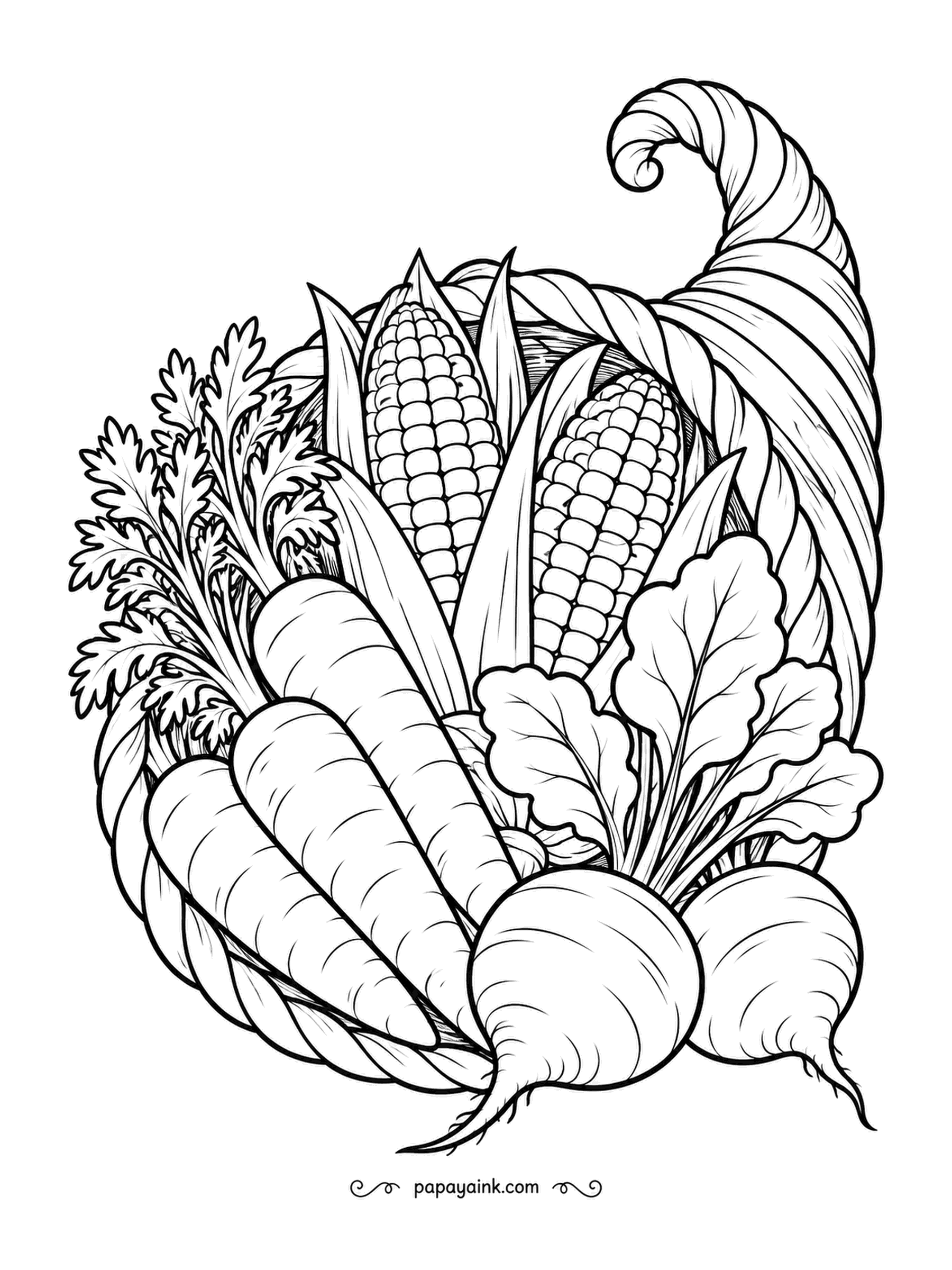 Farm Coloring Pages - Cornucopia spilling corn, carrots and beets out of its curled horn, leaves and husks fanned around the opening. The classic harvest-table centerpiece. Orange, gold and a deep red for the beets; the woven horn in warm brown.