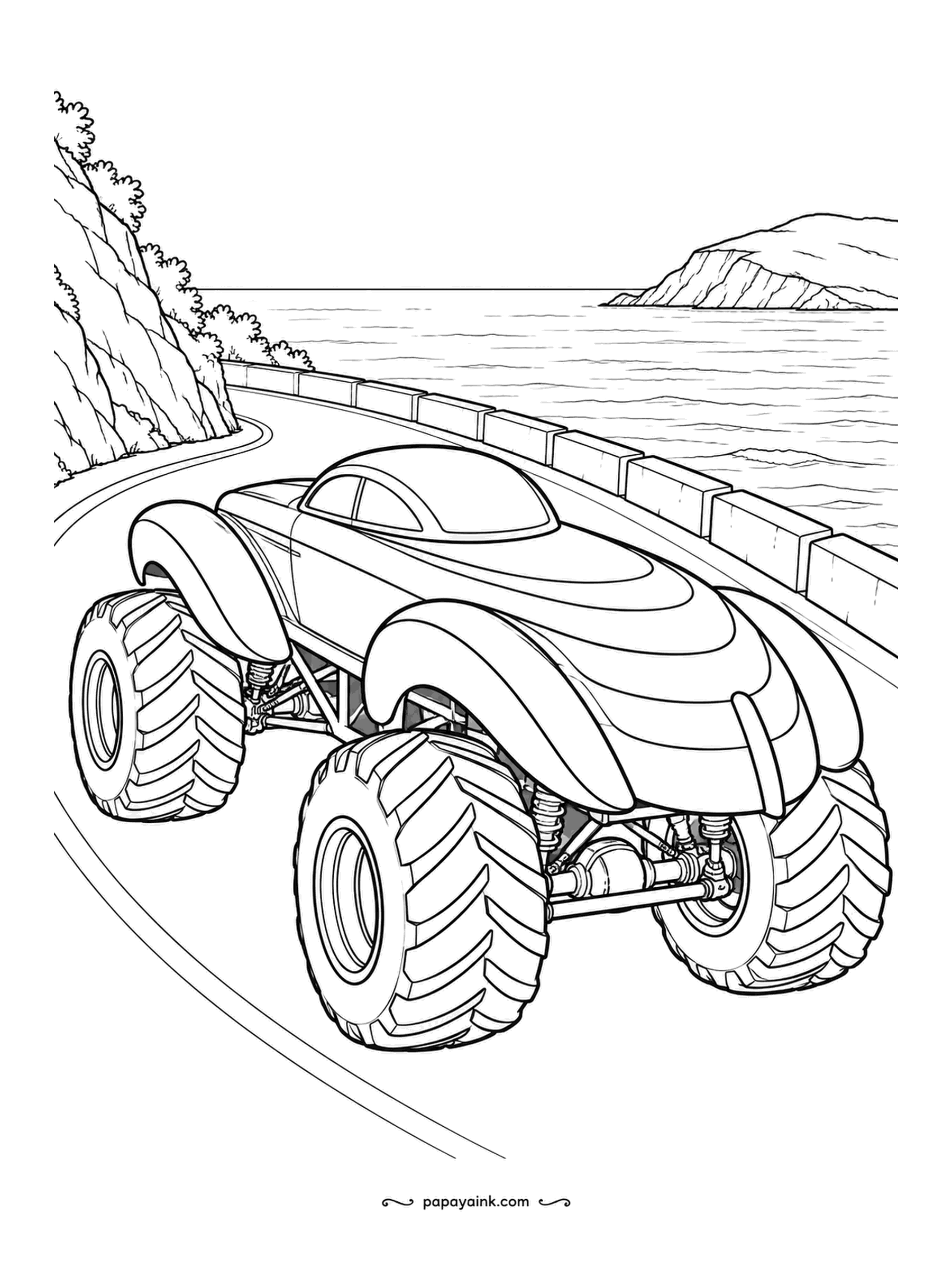 Monster Truck Coloring Pages - Streamlined coupe with stacked fender ridges, taking an open bend on a cliff road above the sea. The guardrail is the only thing between those tires and the water. Horizontal strokes keep the sea calm; save the dark pencil for the tread.