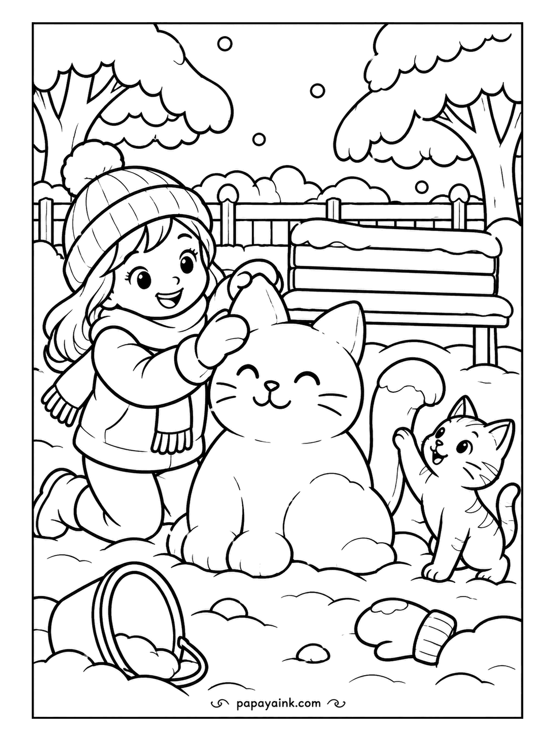 Free Printable Winter Coloring Pages - Snow cat, built to scale, being inspected by the real cat it was modeled on. The girl pats the ears into shape while her tipped bucket and one lost mitten lie by the park bench. Open shapes; an easy sheet for a first go.