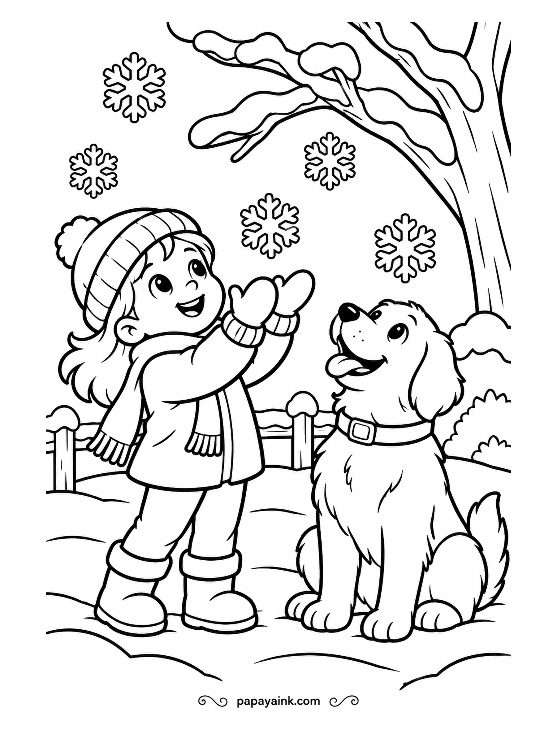 Free Printable Winter Coloring Pages - Mittens cupped for snowflakes, and a golden retriever trying the same trick with his tongue. A scatter of big flakes drifts under a bare tree, each with its own pattern. Pale blues for the flakes, centers left blank.