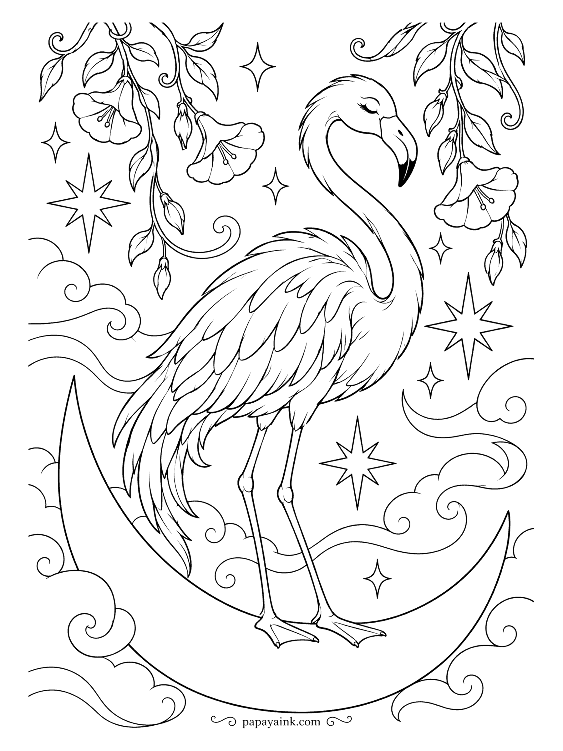 Flamingo Coloring Pages - Eyes closed, a flamingo balances on a crescent moon among curling clouds, trailing bell-shaped blossoms and pointed stars. A midnight background in blue or violet will make the moon and stars glow as long as they stay white.