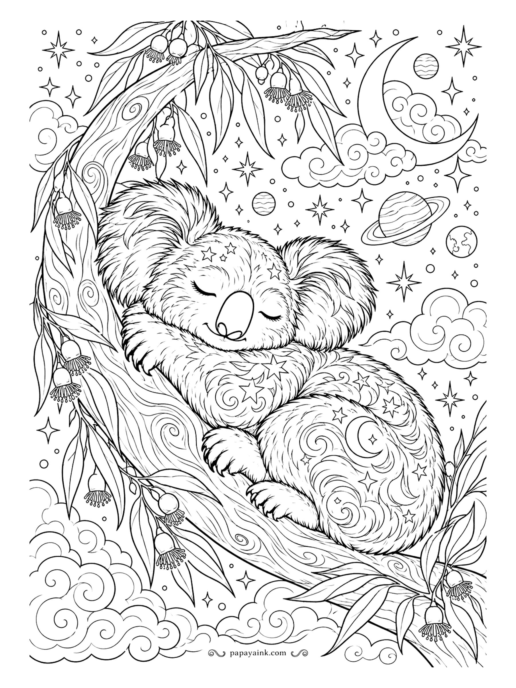 Koala Coloring Pages - Stars, planets and a crescent moon fill the sky while a koala sleeps with its head on a branch, its fur patterned with tiny constellations. Deep blues and purples for the night, gold for the stars.