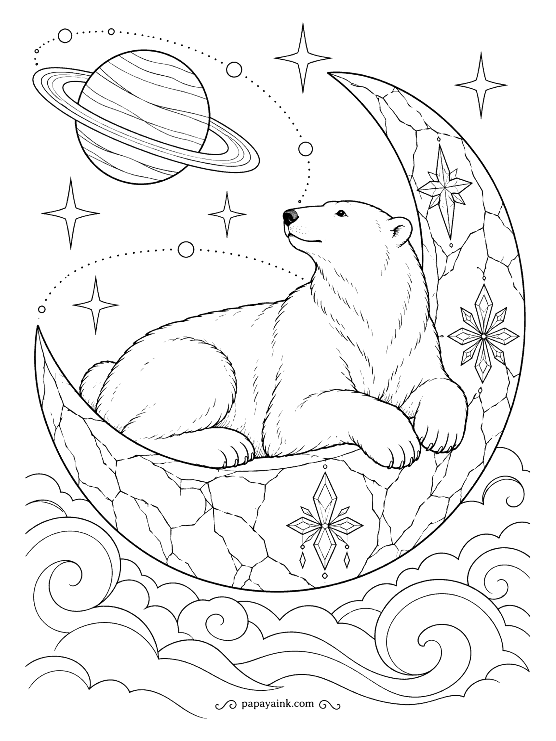 Polar Bear Coloring Pages - Resting on a crescent moon, the bear looks up at a ringed planet, dotted orbits and starbursts, with soft clouds swirling below. Night blues and a touch of gold on the moon make it glow; leave the bear itself white.