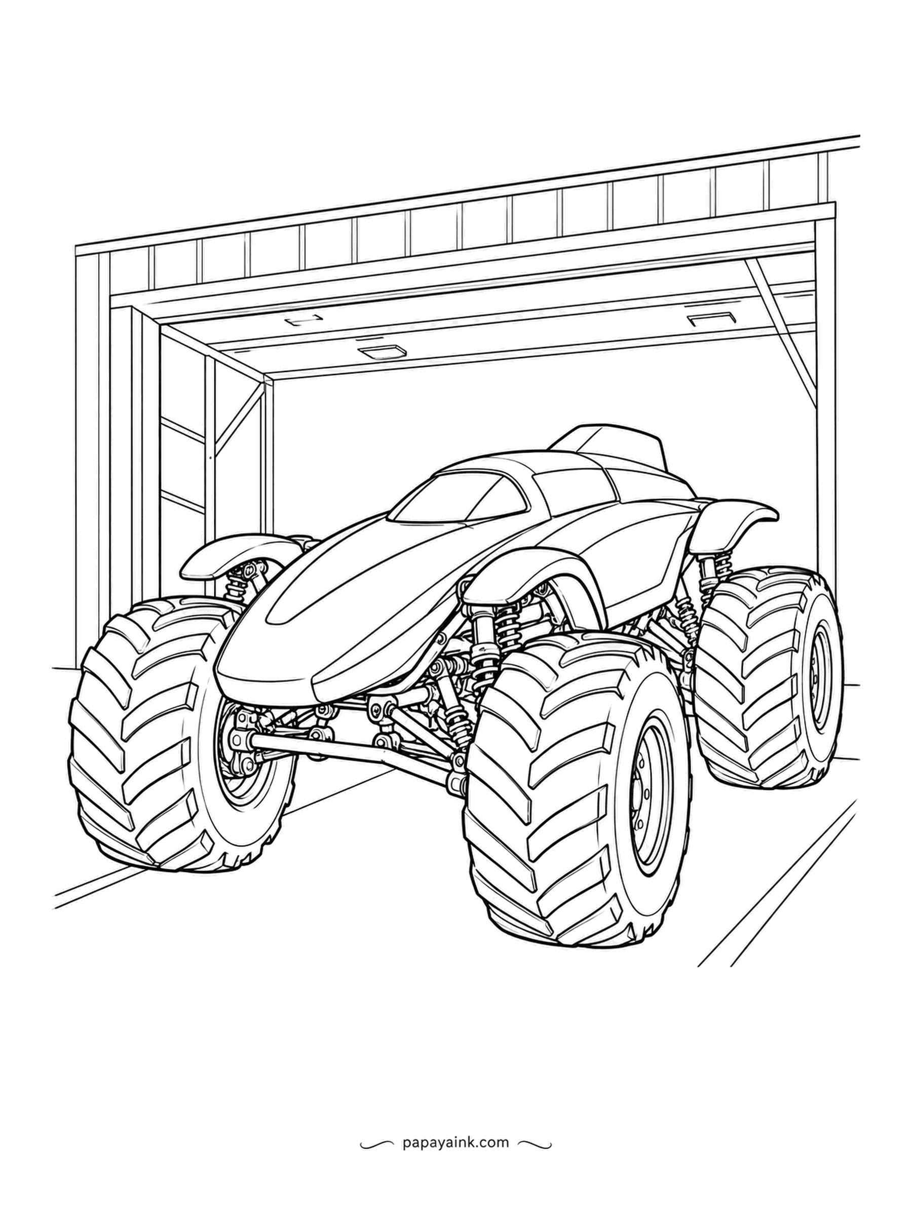 Monster Truck Coloring Pages - Rolling out of a garage door for the first time, a racer with a boat keel running down the middle of its nose. Steel framing and corrugated walls make a simple grey backdrop; put everything bright into the body.