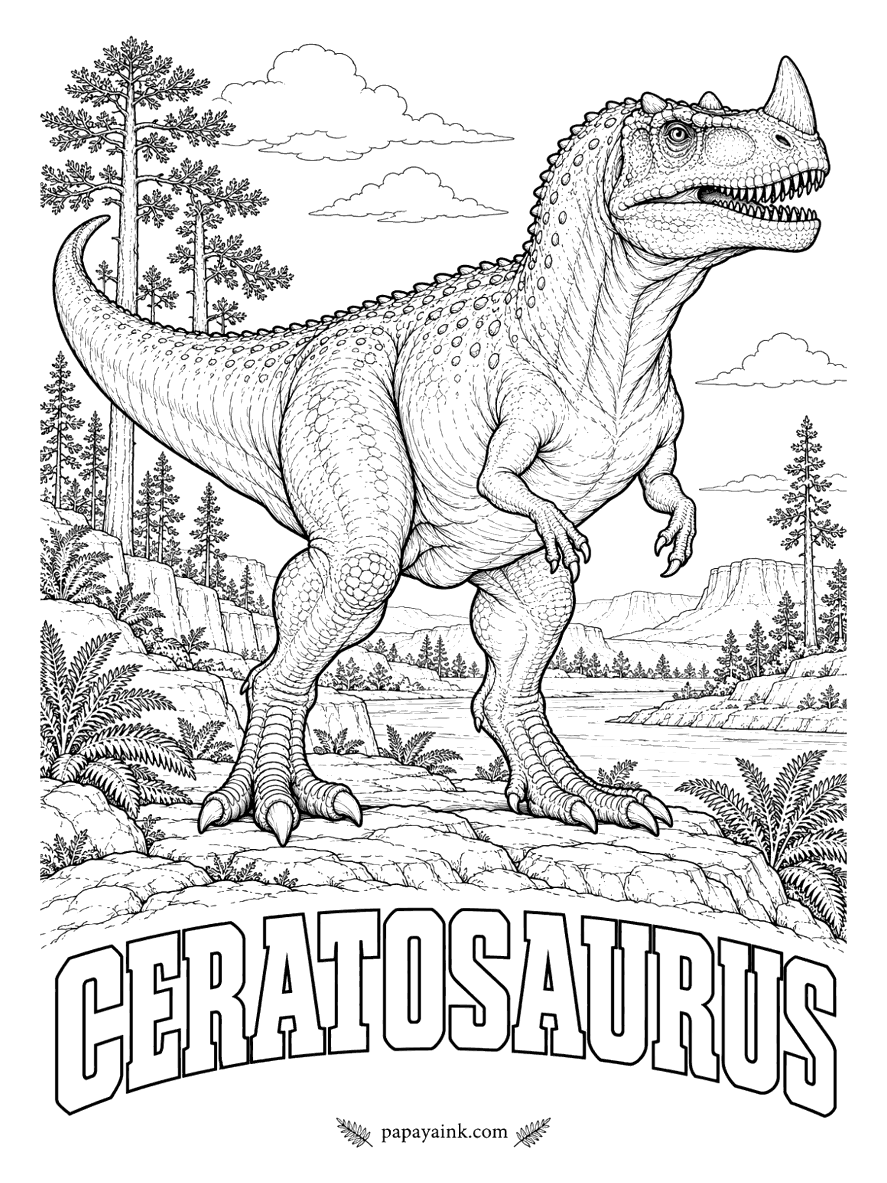 Free Printable Dinosaur Coloring Pages - Count the horns: a blade-like one on the nose and a smaller one over each eye. Ceratosaurus (seh-RAT-oh-SORE-us, horned lizard) also had a row of small bony plates down its back, unusual for a meat-eater. About 20 feet long, it hunted in the shadow of the bigger Allosaurus. Western North America, about 150 million years ago.