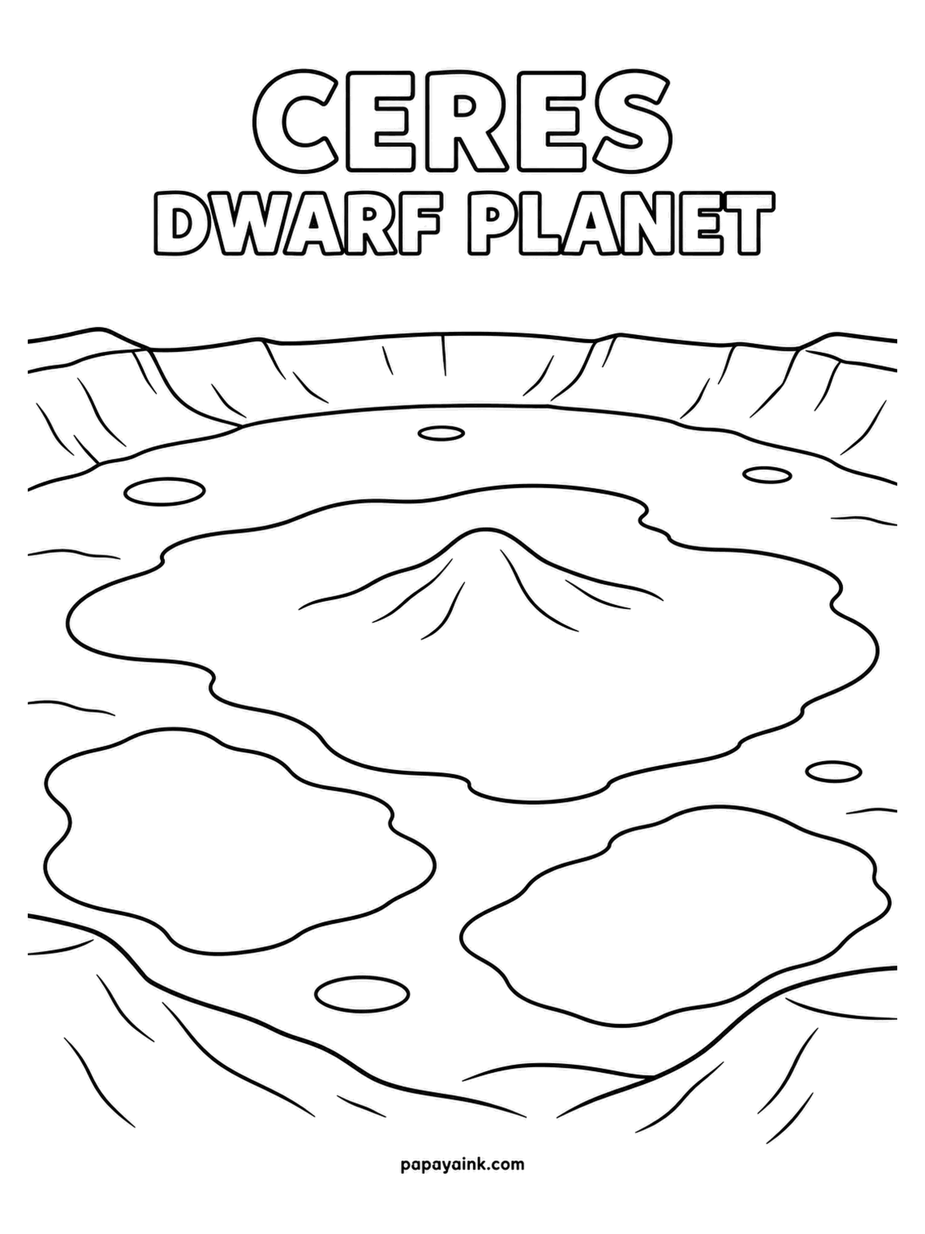 Planet Coloring Pages - Ceres, the dwarf planet of the asteroid belt, seen from inside its most famous crater: bright salt patches on the floor and a small dome rising in the middle. Dark charcoal ground with the patches left blank, which is how the real ones shine.