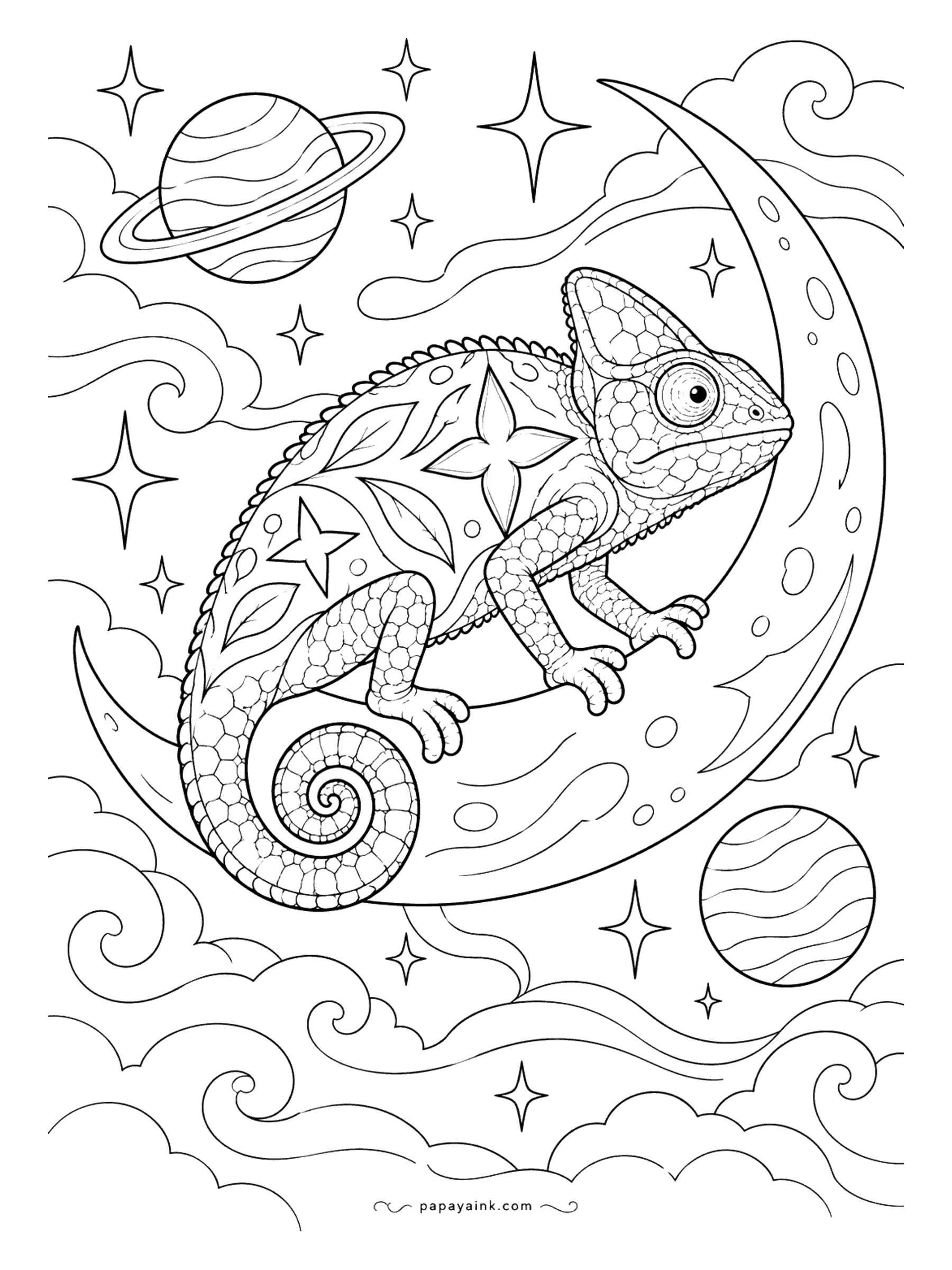Lizard Coloring Pages - Night shift on the crescent moon: a chameleon has settled on its curve, a ringed planet above and stars drawn right into its skin. Deep navy sky, pale yellow moon, and let the chameleon glow in whatever color it chooses.