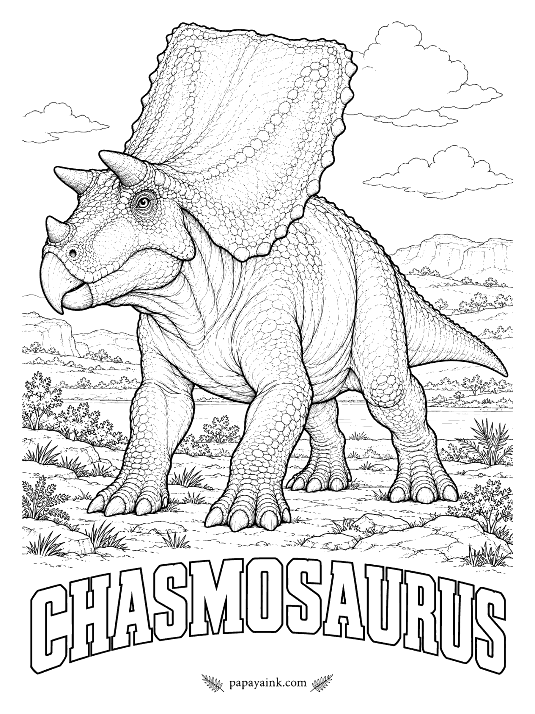 Free Printable Dinosaur Coloring Pages - Most of this frill is air: two huge openings in the bone, covered by skin in life, kept it light. Chasmosaurus (KAZ-mo-SORE-us, opening lizard) was a plant-eater about 16 feet long, and one fossil preserves a patch of its pebbly skin. Alberta, Canada, about 76 million years ago.