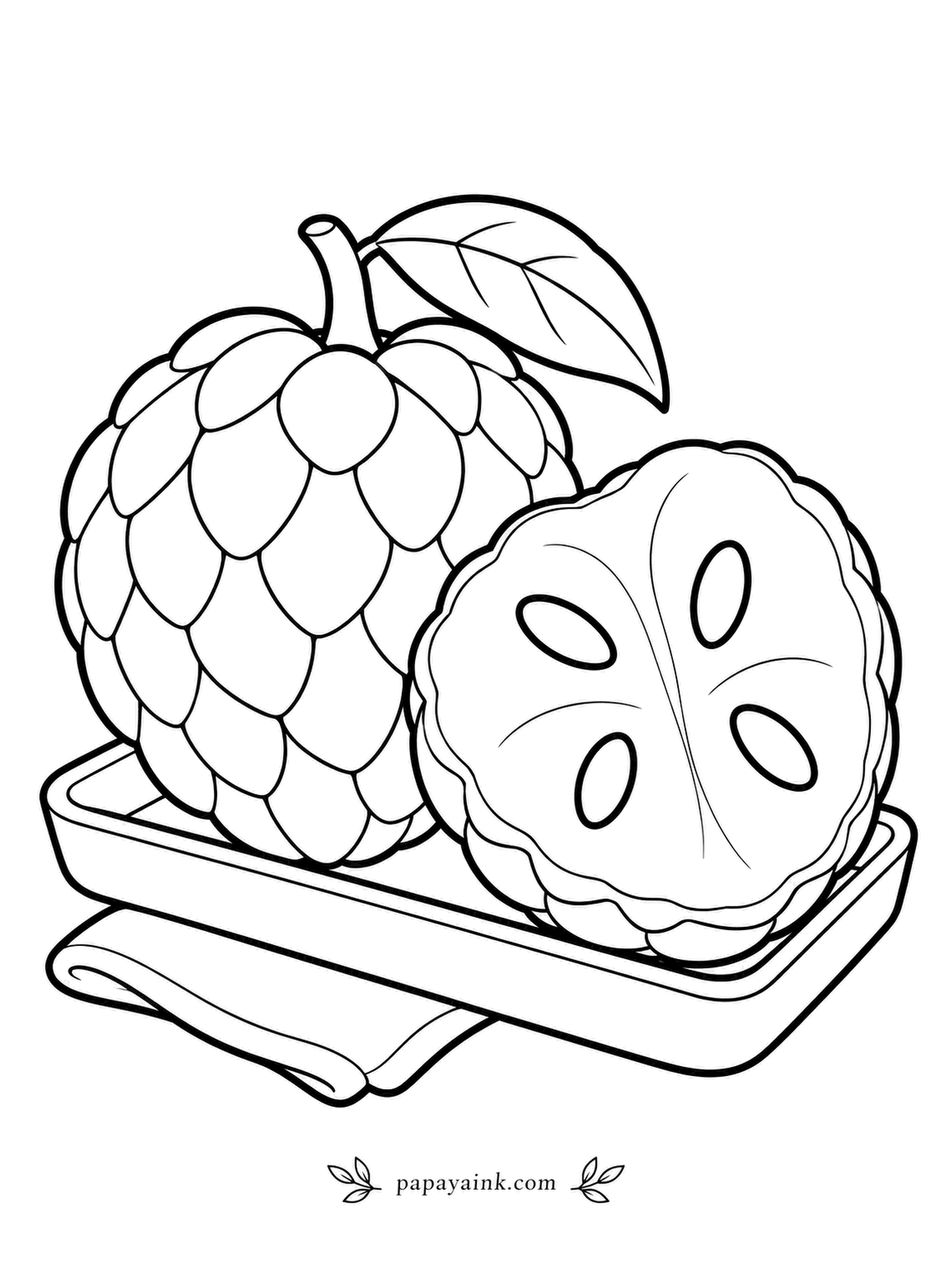Fruit Coloring Pages - Chill it, cut it in half and eat it with a spoon: cherimoya is creamy enough to earn the nickname custard apple. Overlapping scales cover the skin like thumbprints, and black seeds dot the open half. Soft spring green for the scales.