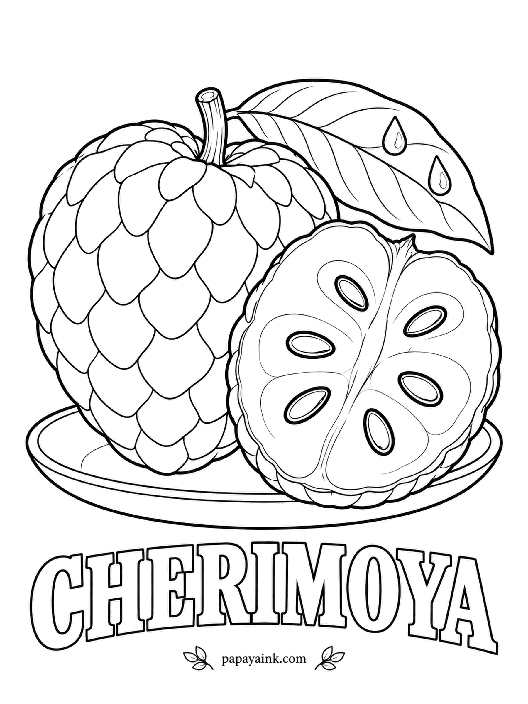 Printable Fruit Coloring Pages - Cool Andean valleys are where cherimoya first grew, and it still prefers mild nights. Pale green with overlapping thumbprint scales, white creamy flesh and shiny black seeds. Shade the edge of each scale slightly darker and the skin comes alive.