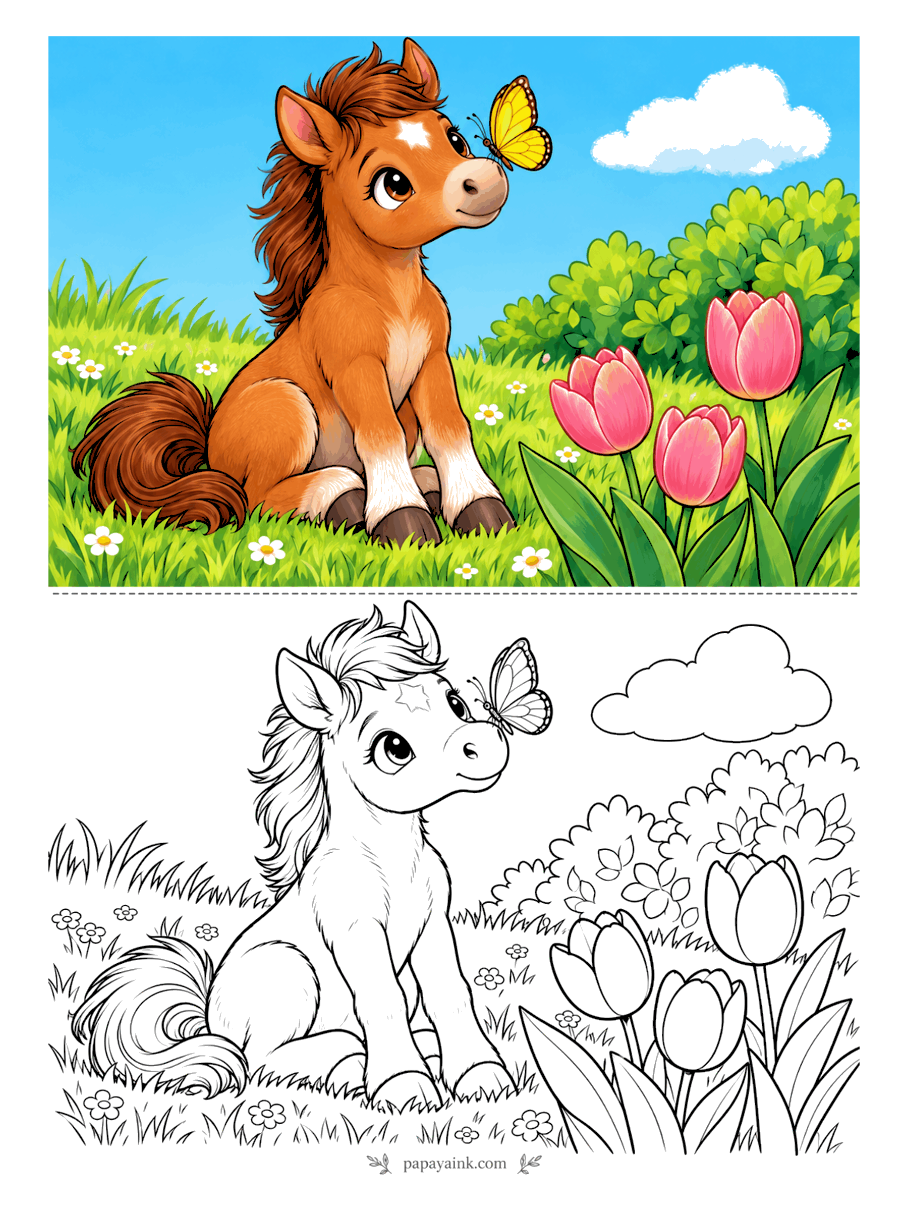 Cute Horse Coloring Pages - A yellow butterfly has landed right on the nose, and the chestnut foal sits perfectly still so it will stay. Tulips and a round hedge fill the edges. Easy page - big shapes, few small details.