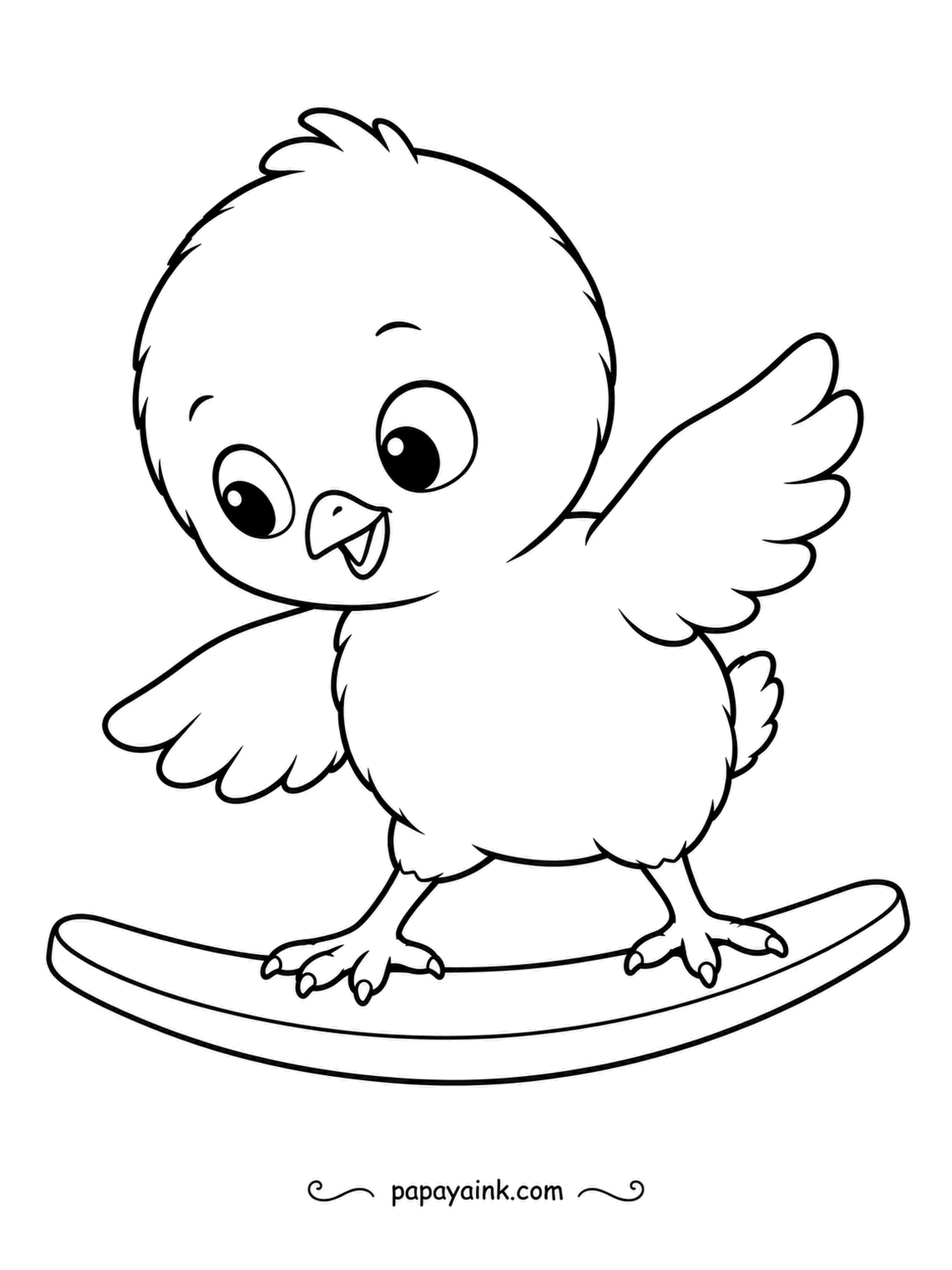 Chicken Coloring Pages - Teetering on a curved rocking board, a fluffy chick holds its wings out like a tightrope walker. Its big happy grin and simple outline make this a cheerful page for the youngest colorists.
