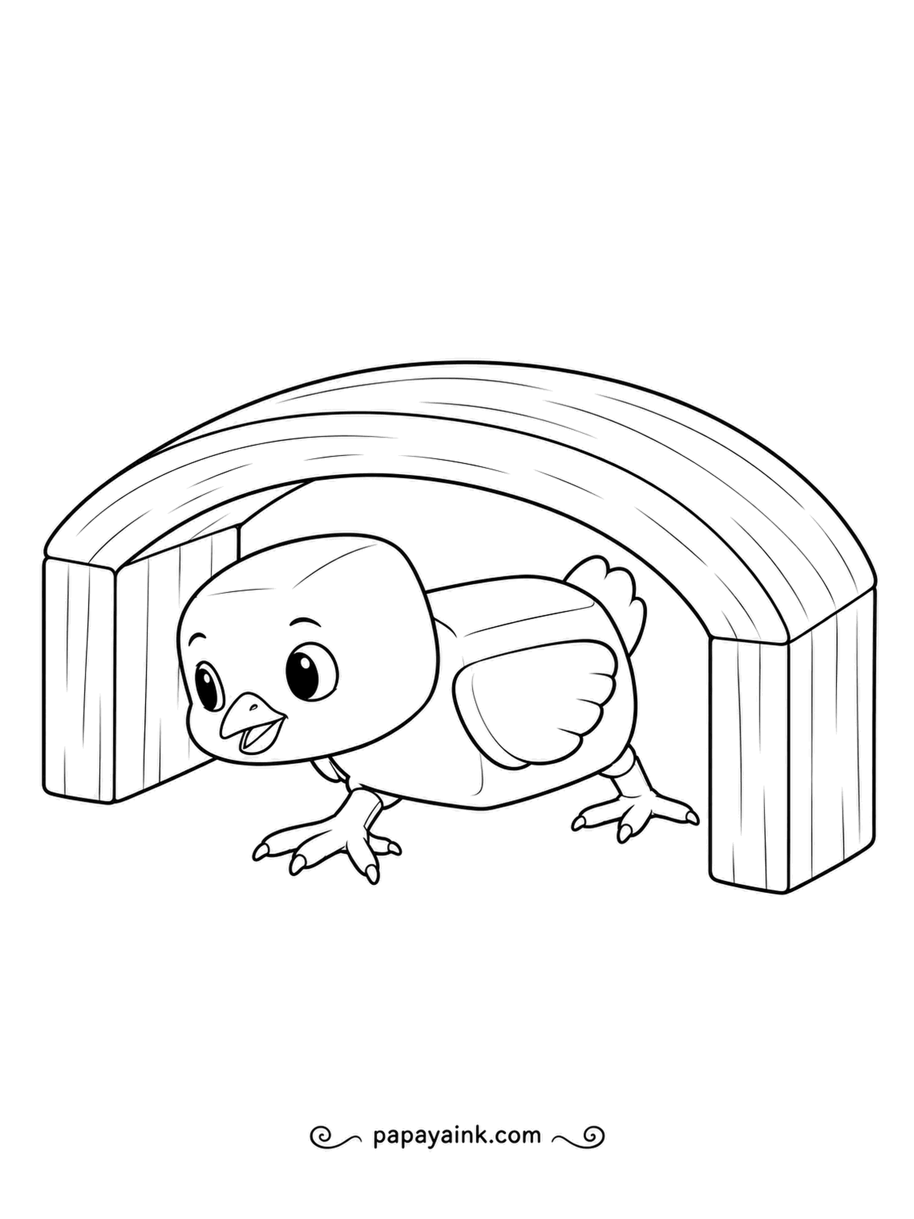 Chicken Coloring Pages - Ducking low, a boxy little chick creeps through a wooden arch on tiny clawed feet. Wood grain on the arch and soft feather tufts on its wings give two different textures to color.