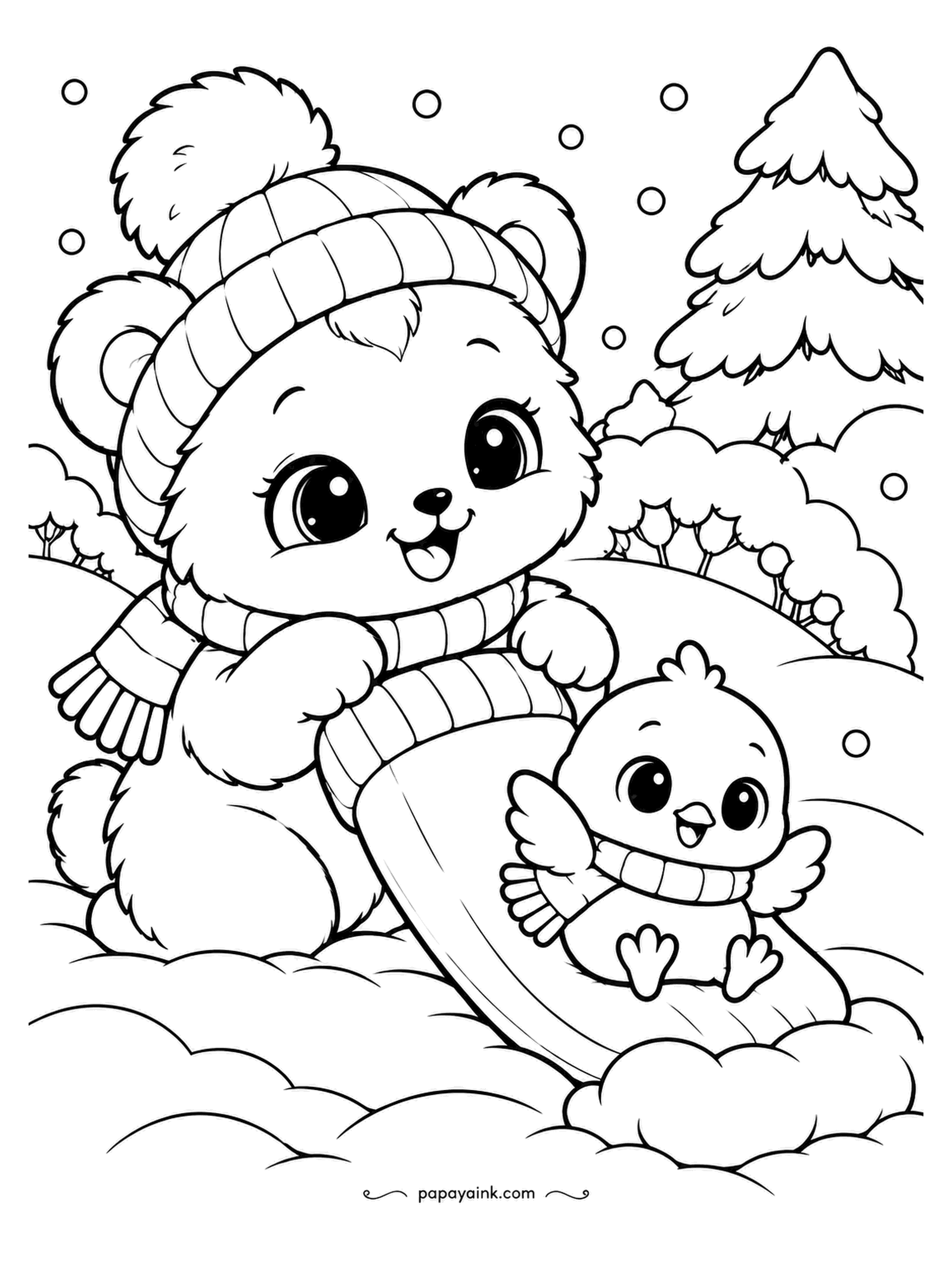 Kawaii Winter Coloring Pages - The giant mitten is a slide, if you hold it at the right angle and your friend is light enough. The bear cub holds, the chick slides, the pine tree watches. Stripes on the mitten in two shades make the chute read.