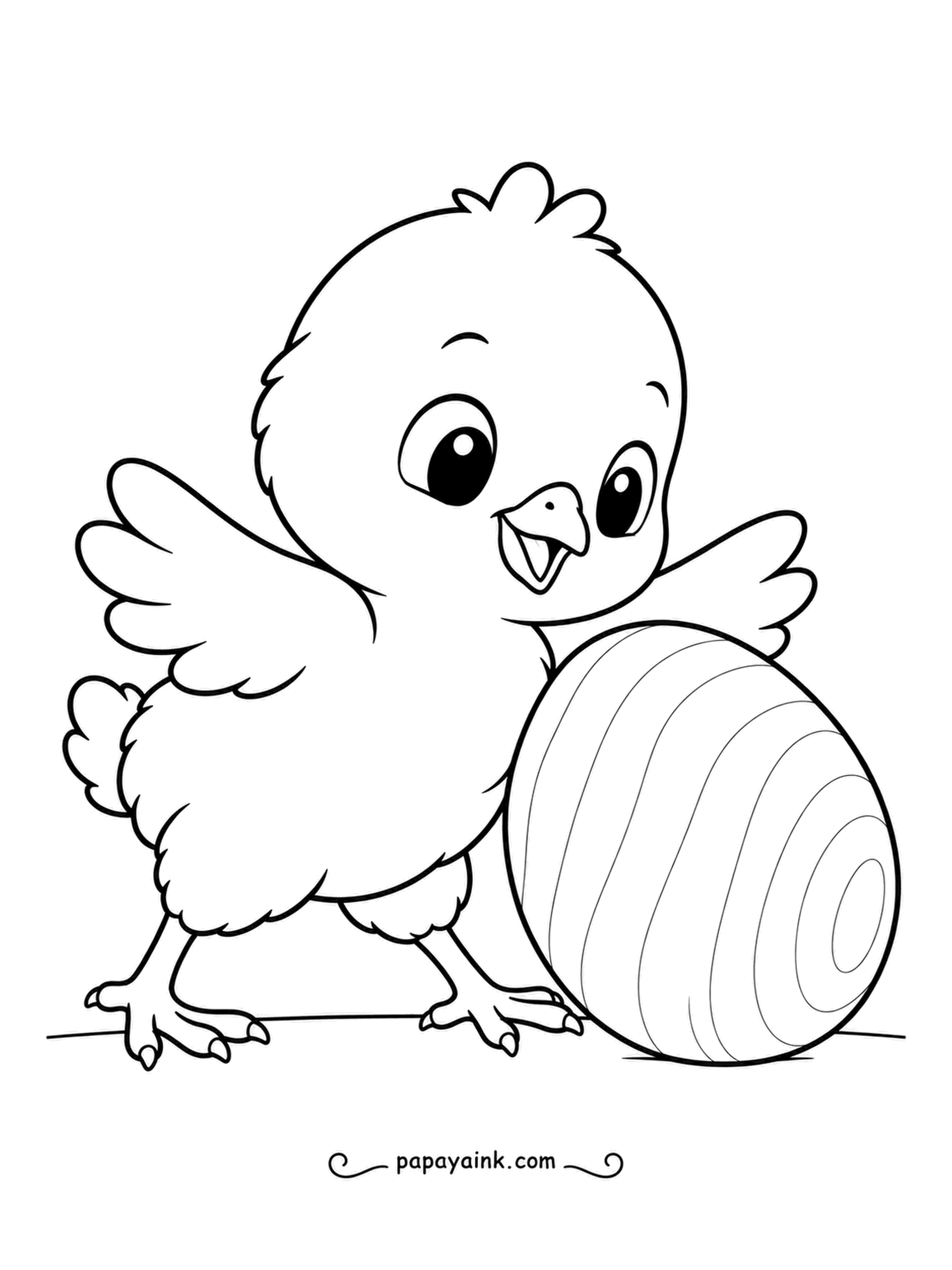 Chicken Coloring Pages - Flapping with excitement, a tiny chick bumps a striped toy egg along with its round chest. Try the stripes in rainbow order or swap in your favorite shades.