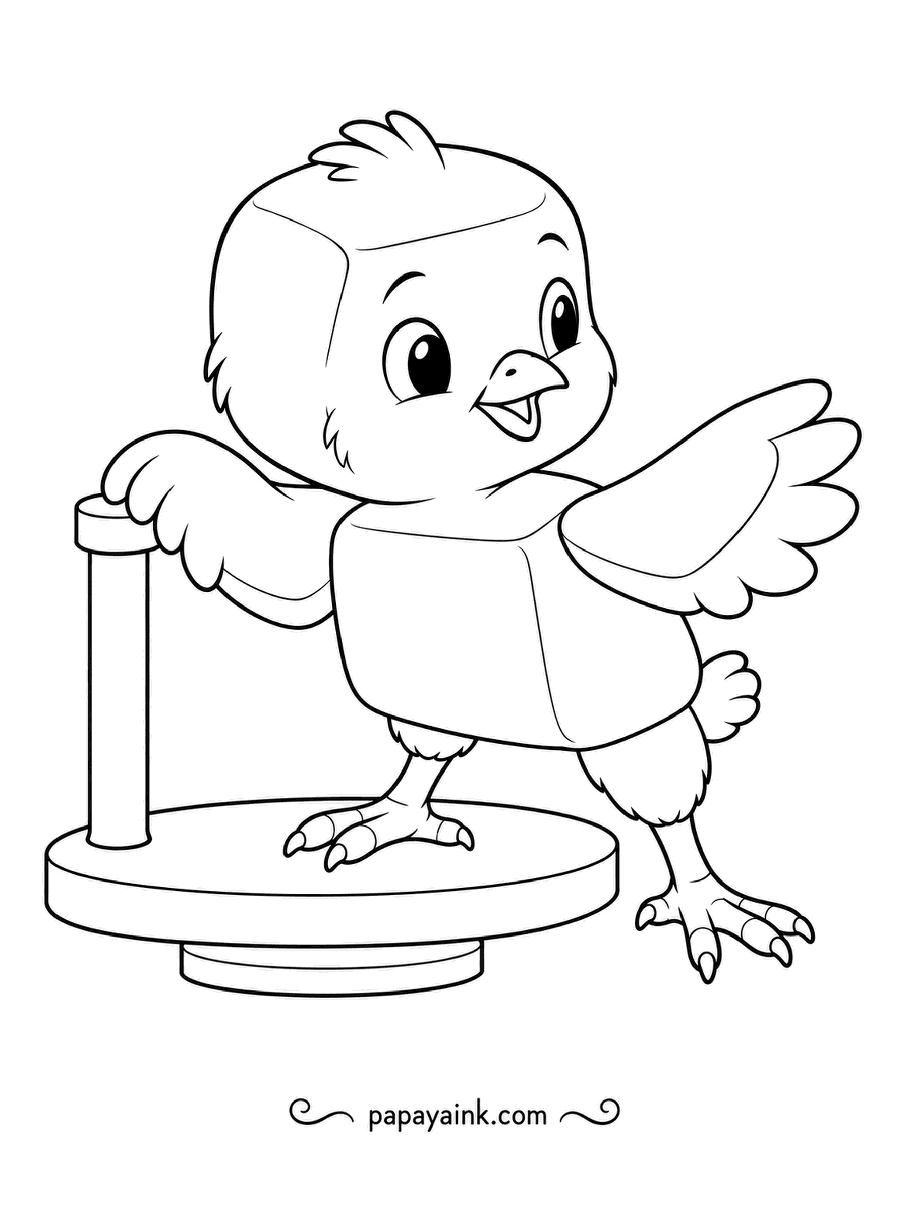 Chicken Coloring Pages - Clinging to a post for balance, a blocky chick steps off a spinning platform with one foot already on the ground. Its wide-open wing and cheeky smile show how much fun the ride was.