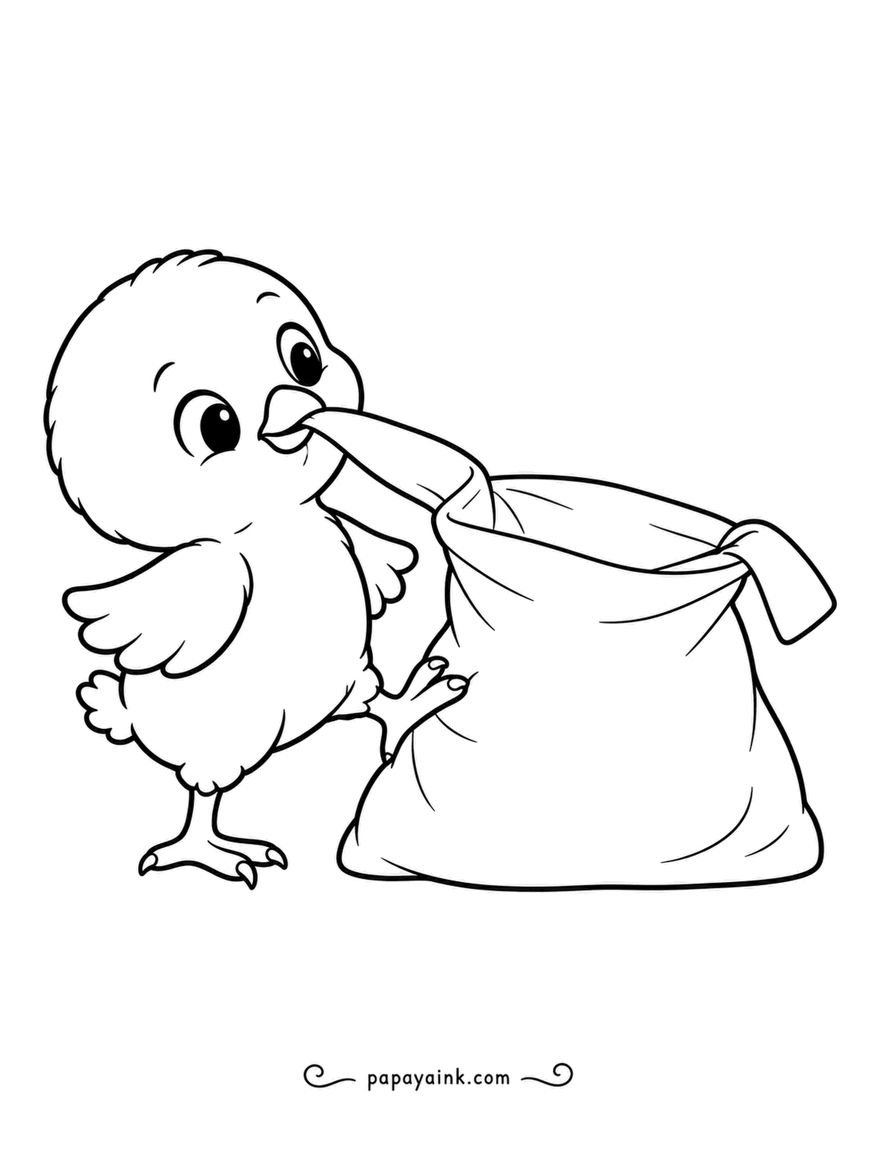 Chicken Coloring Pages - Gripping the drawstring in its beak, a fluffy chick braces one foot on a cloth pouch and pulls it open. What could be inside? Draw a surprise peeking out of the bag.
